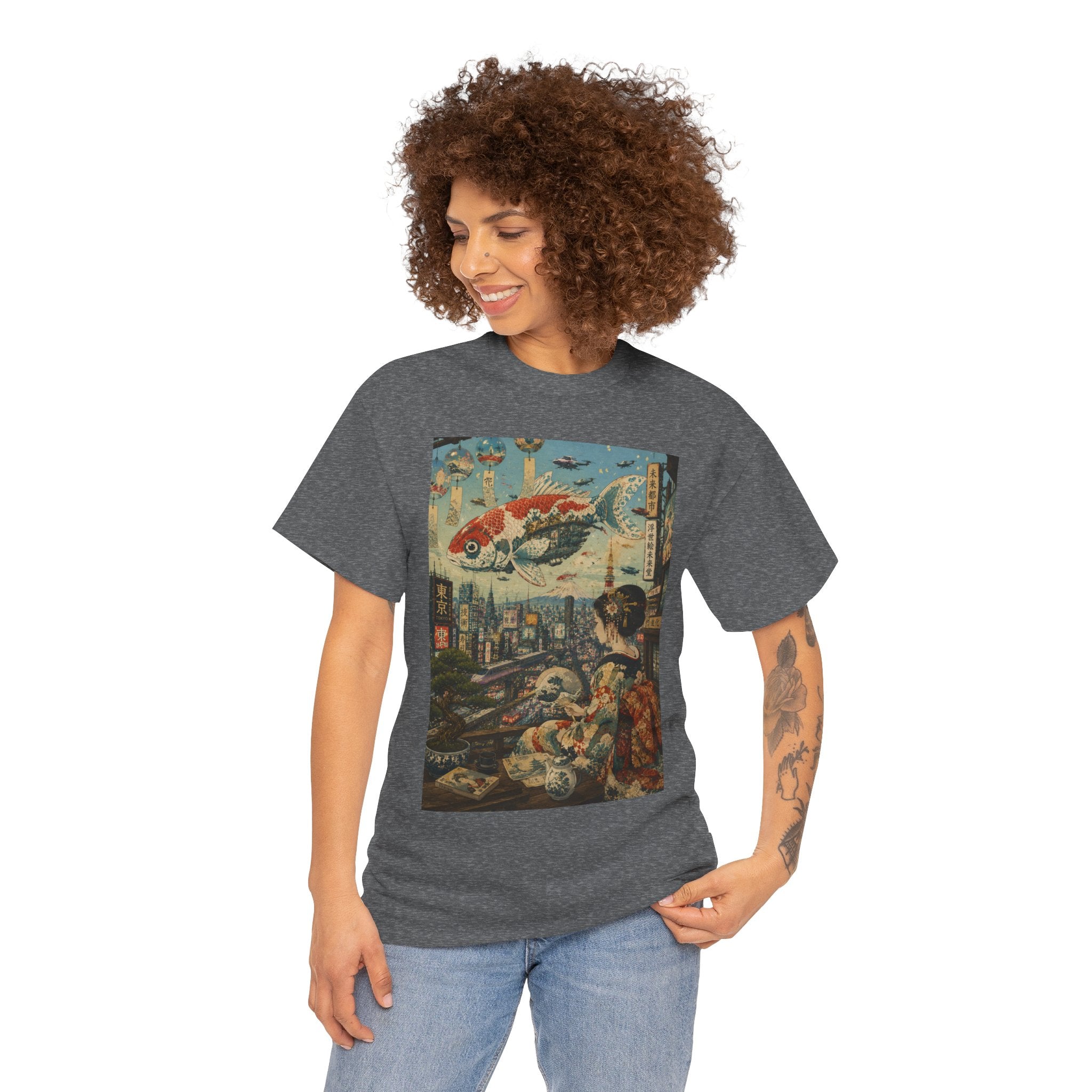 Koi Cityscape T-Shirt — Retro Japanese Ukiyo-e Urban Fantasy Tee - Japanese Streetwear T-Shirt | Tokyo Style X