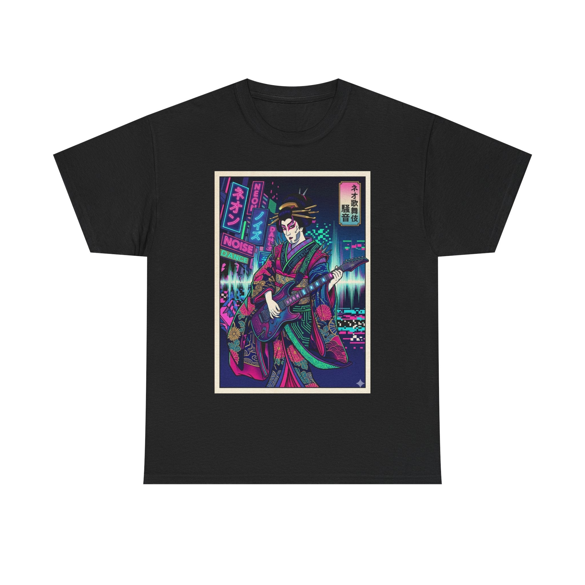 Geisha Guitar Tee — Neon Cyberpunk Japanese Rock T-Shirt