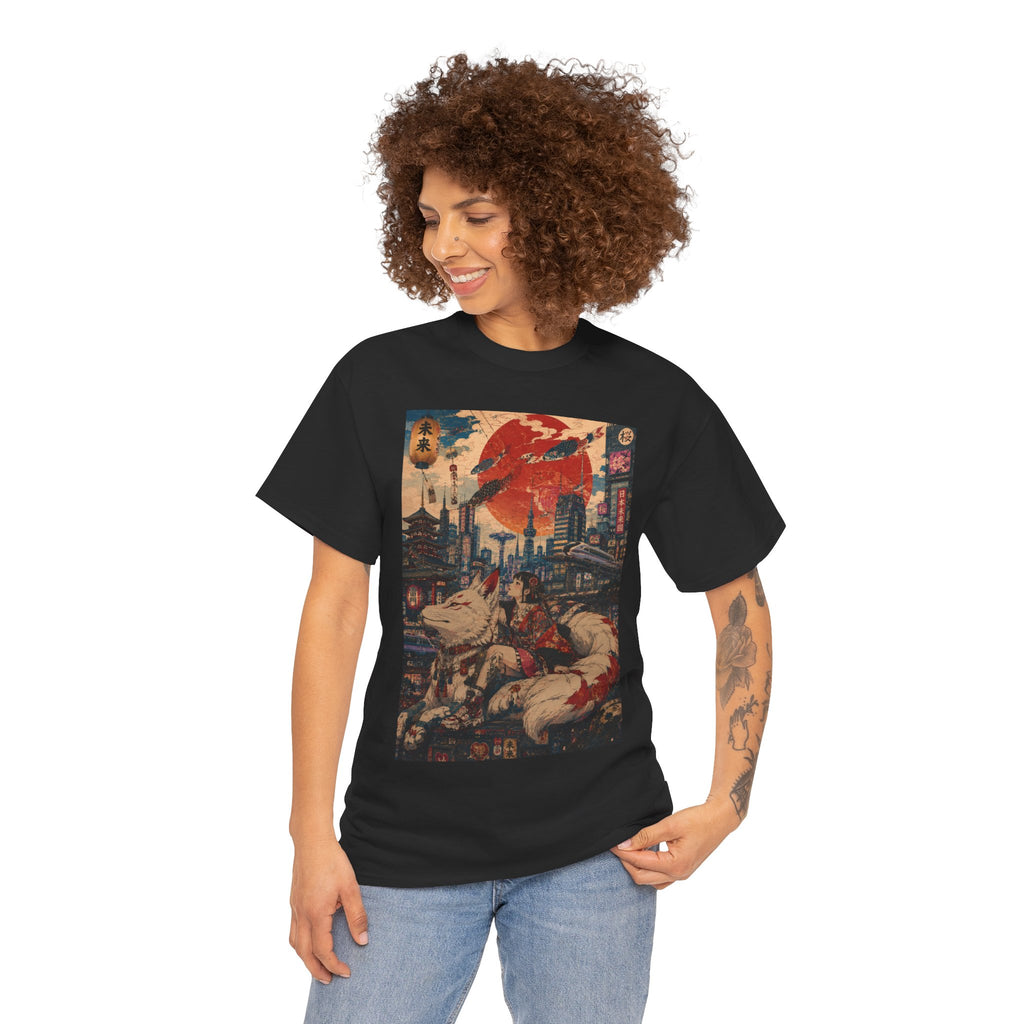 Graphic Tee — Cyberpunk Samurai Cityscape with Sleeping Fox - Japanese Streetwear T-Shirt | Tokyo Style X