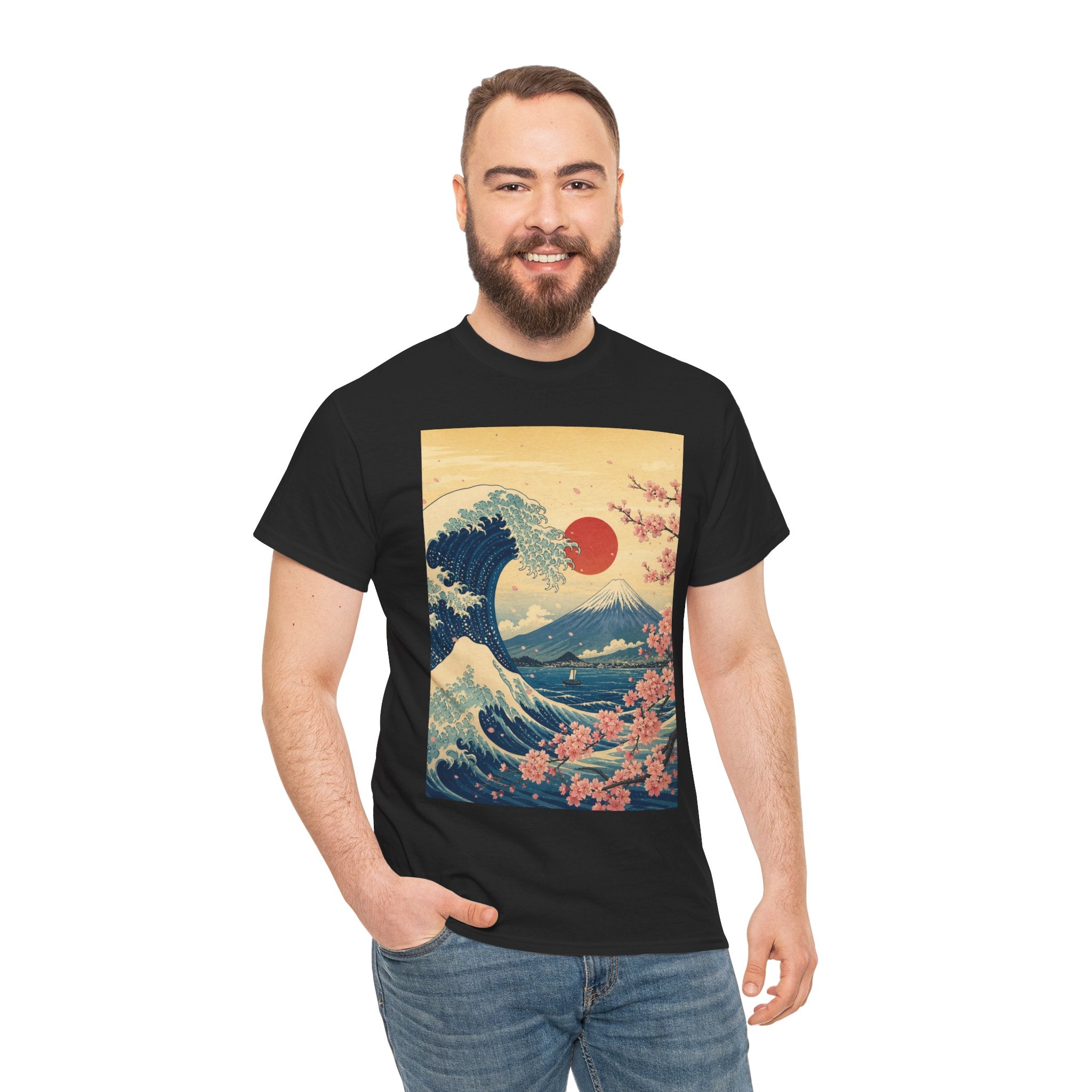 Vintage Japanese Wave Tee — Mount Fuji, Sakura & Red Sun Graphic T-Shirt