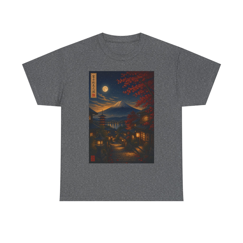Japanese Nightscape T‑Shirt — Moonlit Mt. Fuji Village Art Tee