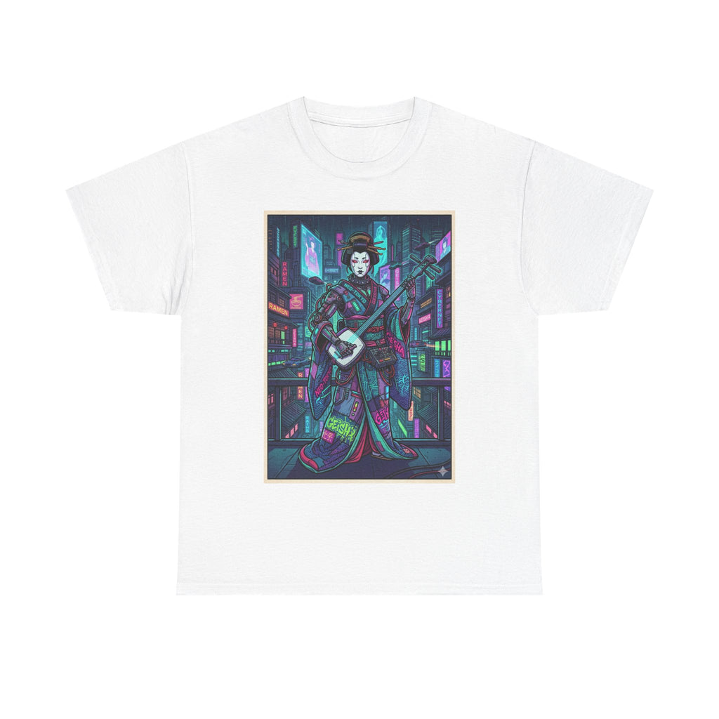 Geisha Synthwave T-Shirt — Neon City Shamisen Art Tee