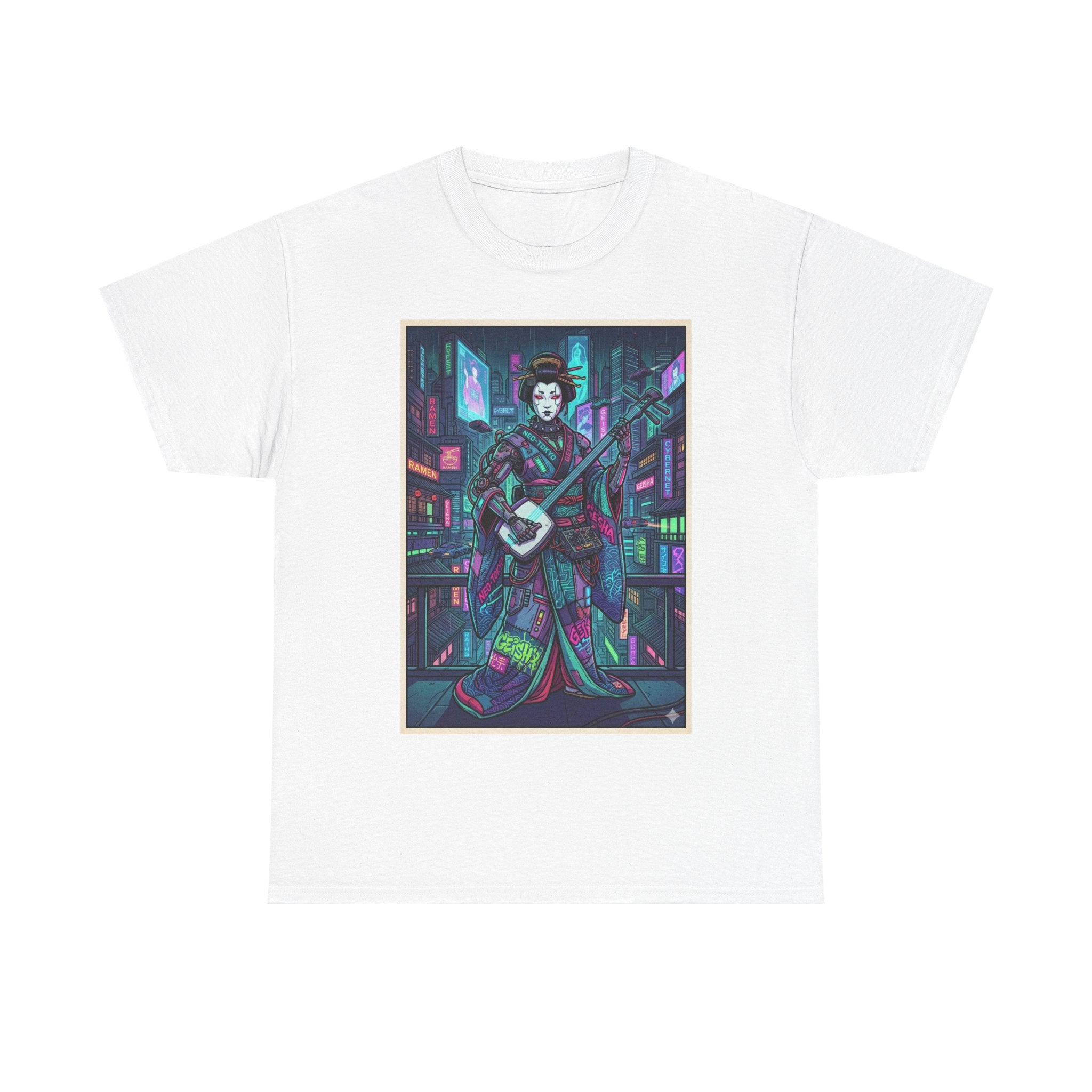 Geisha Synthwave T-Shirt — Neon City Shamisen Art Tee