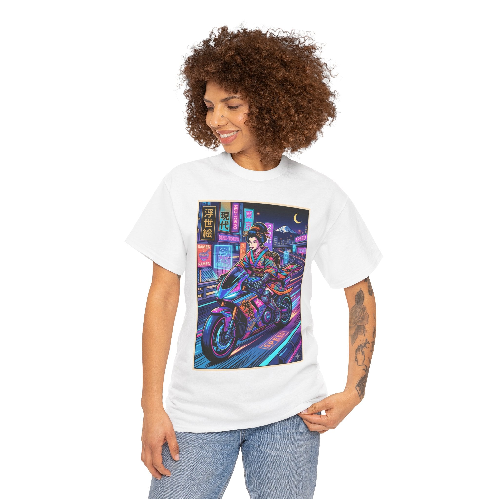Neon Samurai Motorcycle Tee — Cyberpunk Night Rider Graphic T-Shirt