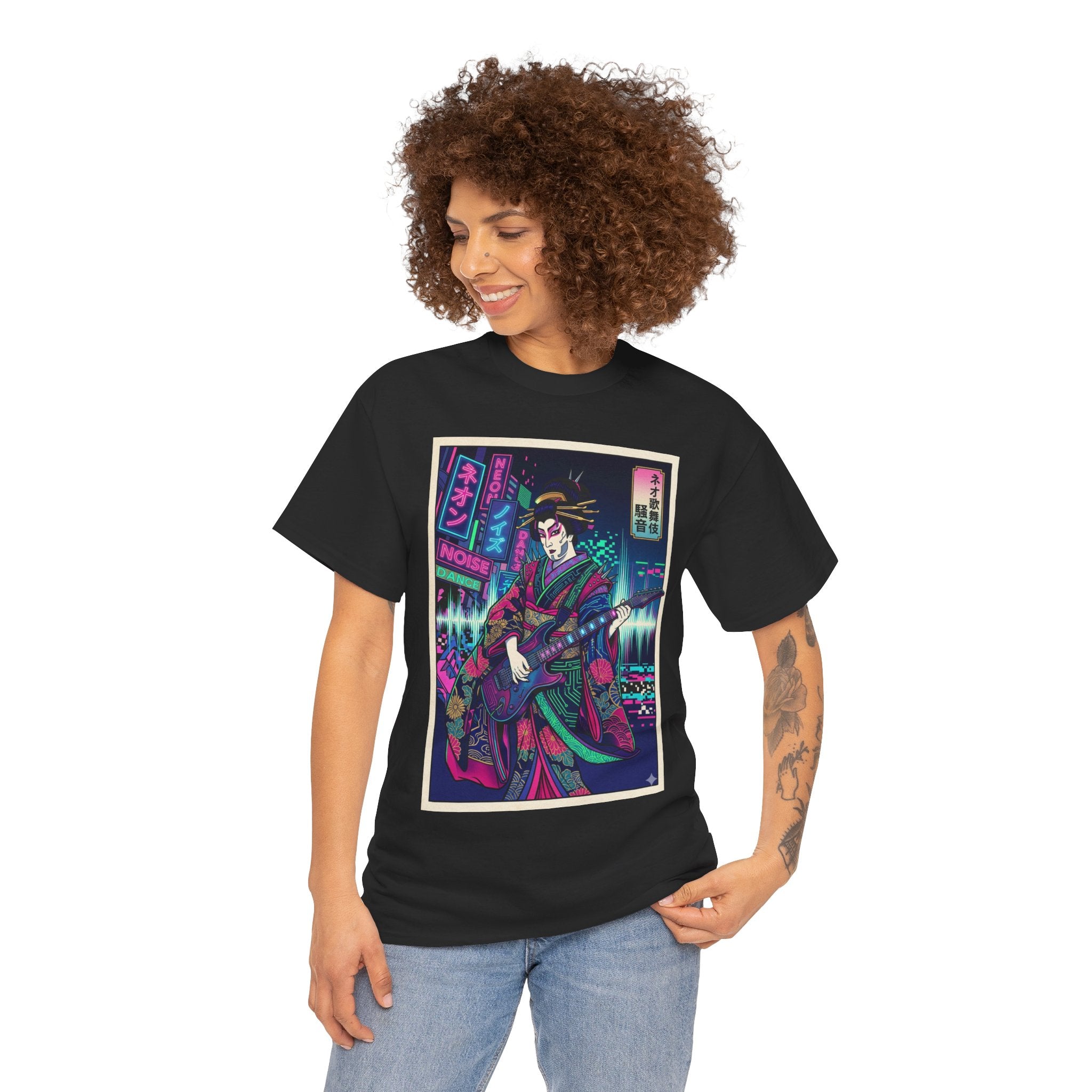 Geisha Guitar Tee — Neon Cyberpunk Japanese Rock T-Shirt