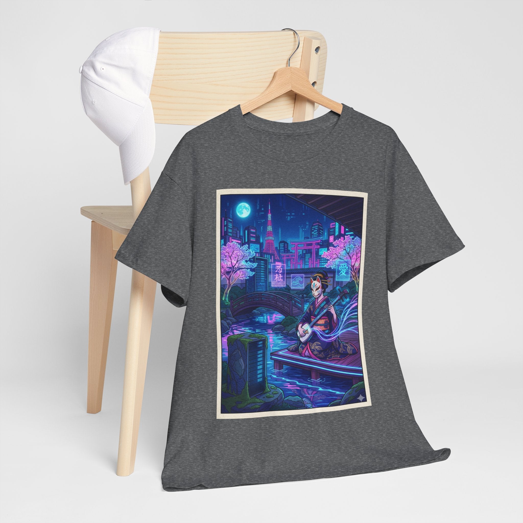 Anime Cyberpunk Guitarist T‑Shirt — Neon City Nightscape Tee