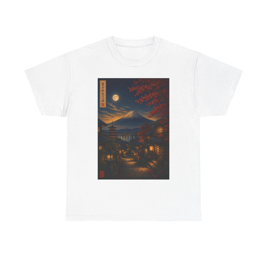 Japanese Nightscape T‑Shirt — Moonlit Mt. Fuji Village Art Tee