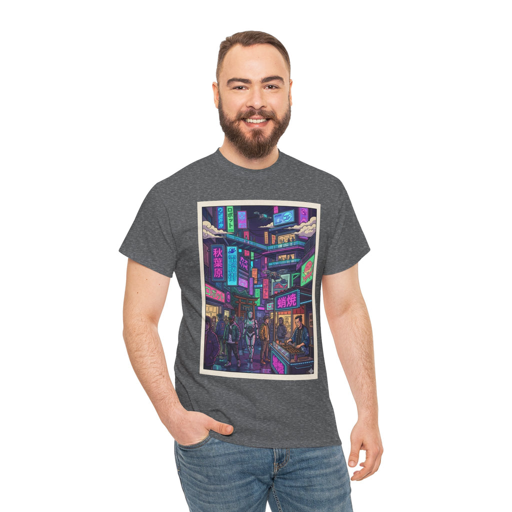 Cyberpunk City Streets Graphic Tee — Neon Night Market Illustration