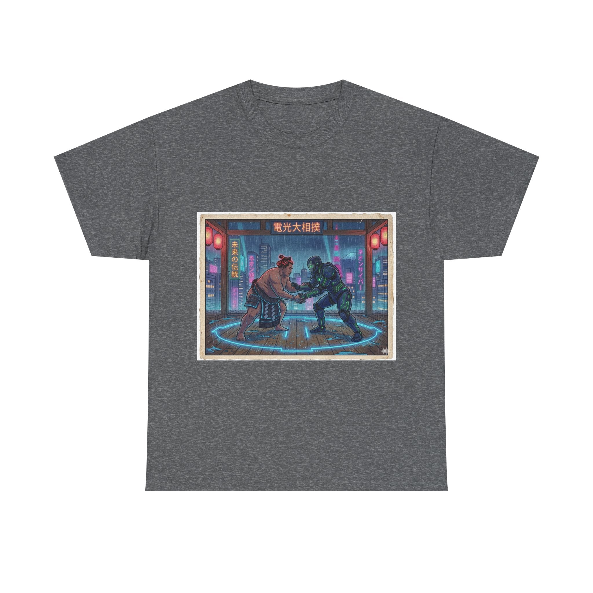 Cyberpunk Street Duel T-Shirt — Neon Samurai vs Robot Retro Arcade Tee