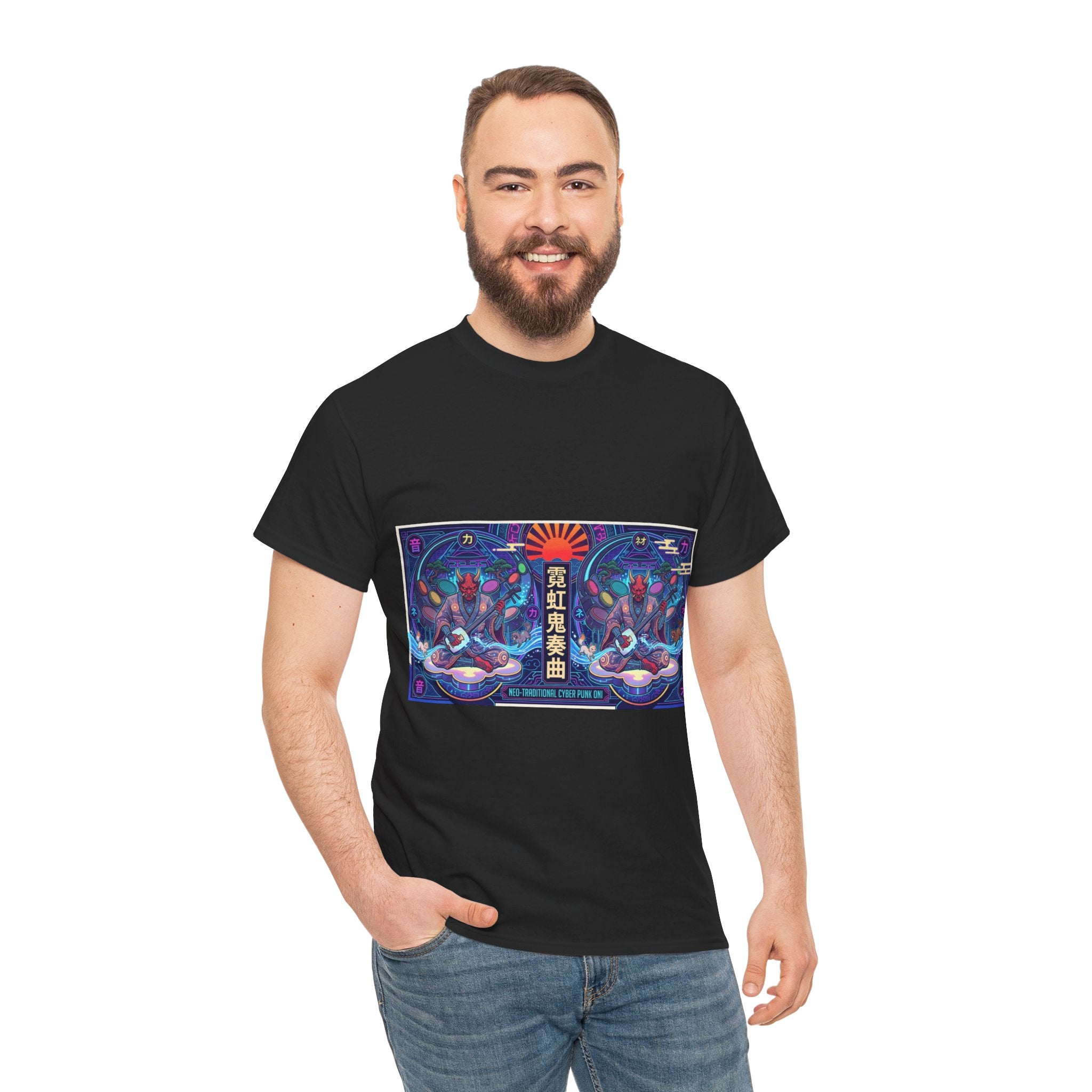 Graphic Tee — Neon Lotus Meditation Design (Japanese Text)