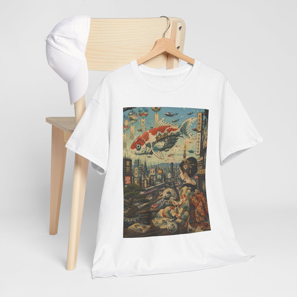 Koi Cityscape T-Shirt — Retro Japanese Ukiyo-e Urban Fantasy Tee - Japanese Streetwear T-Shirt | Tokyo Style X