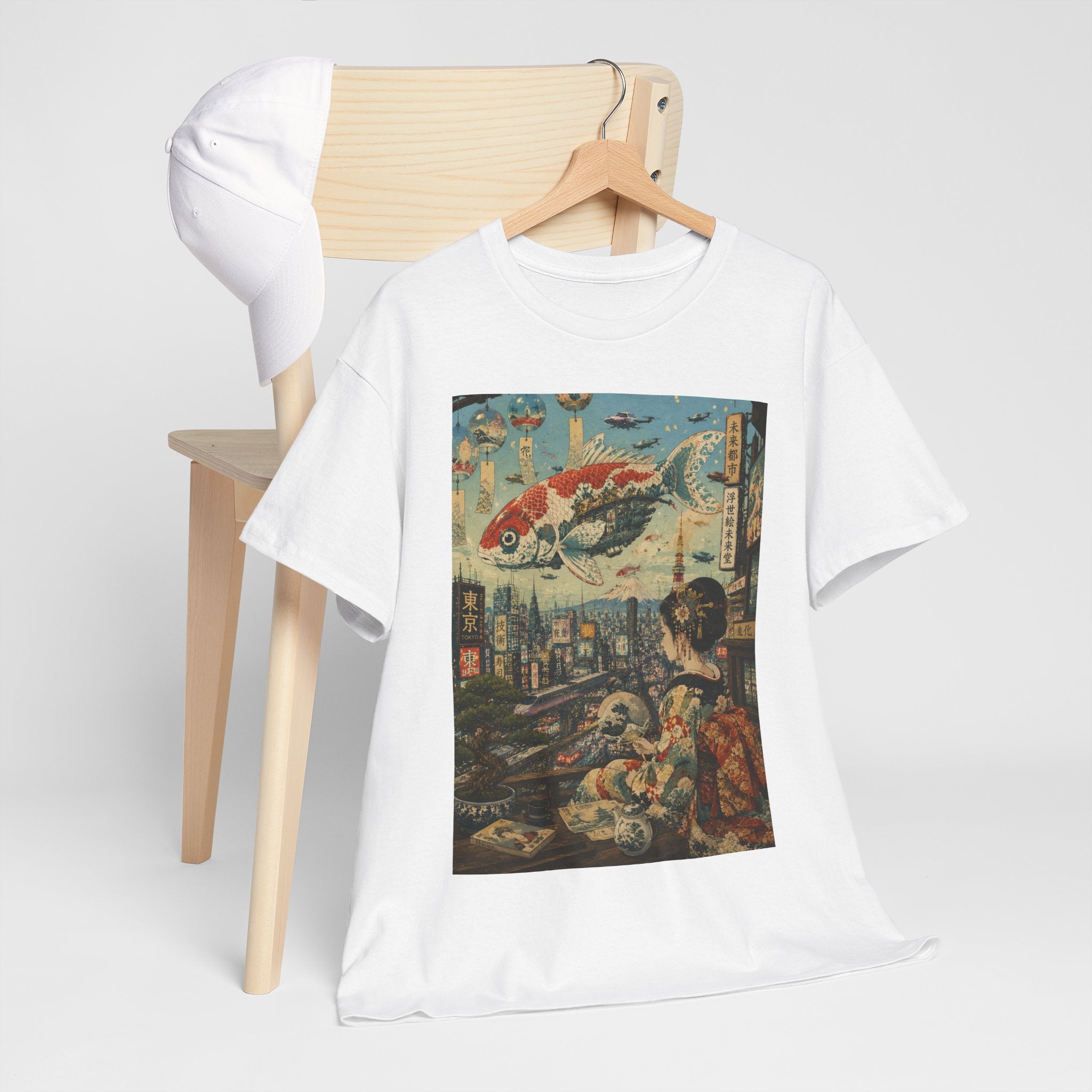 Koi Cityscape T-Shirt — Retro Japanese Ukiyo-e Urban Fantasy Tee - Japanese Streetwear T-Shirt | Tokyo Style X