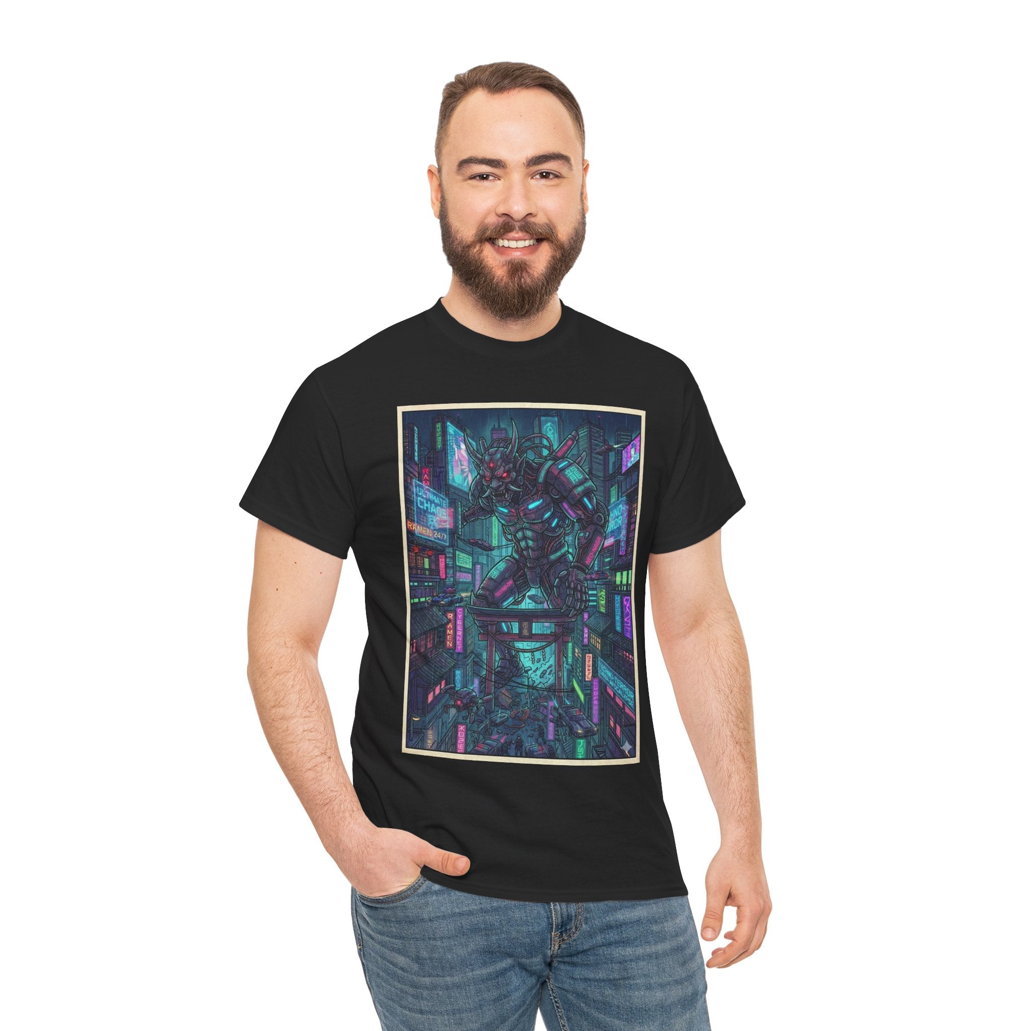 Cyberpunk Cityscape Tee — Neon Samurai Street Art Graphic T-Shirt
