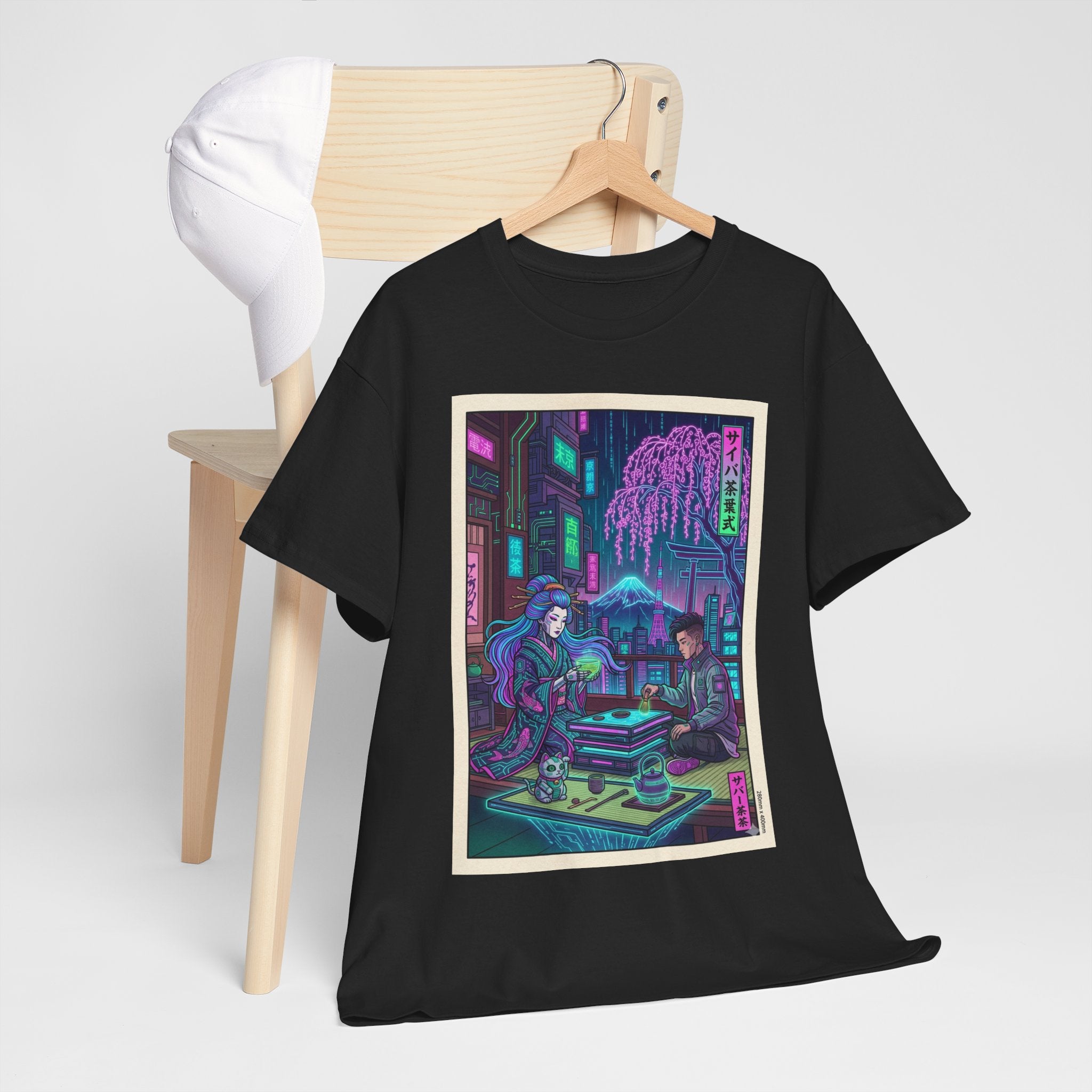 Cyberpunk Tea House Graphic Tee — Neon Retro Japanese-Style Street Scene