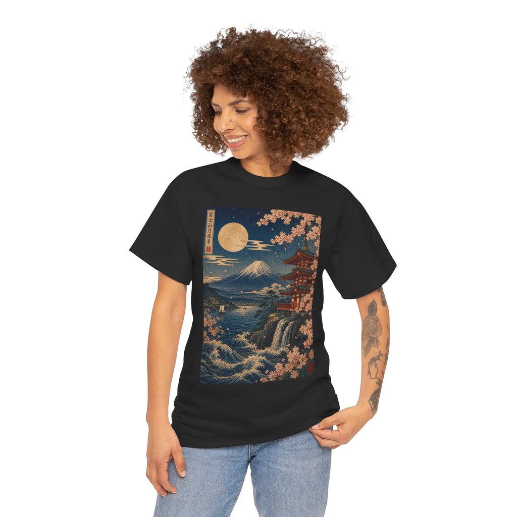 Japanese Landscape T-Shirt — Mount Fuji, Cherry Blossoms & Moon Graphic
