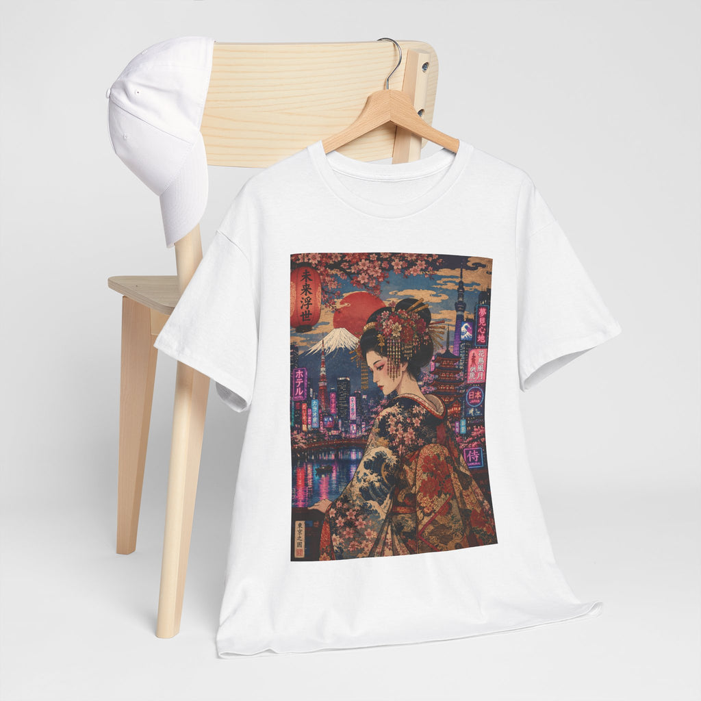Geisha Cityscape Tee — Vintage Kimono Nighttime Japan Graphic T‑Shirt