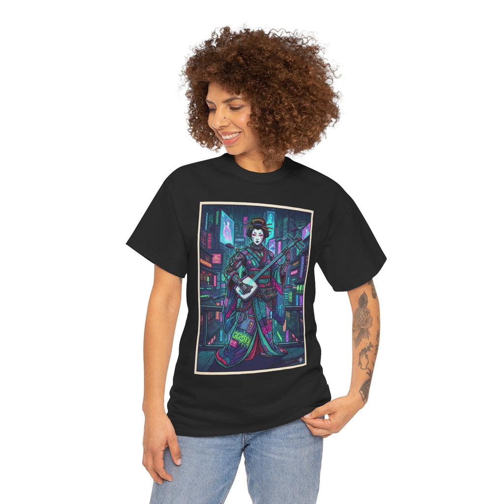Geisha Synthwave T-Shirt — Neon City Shamisen Art Tee