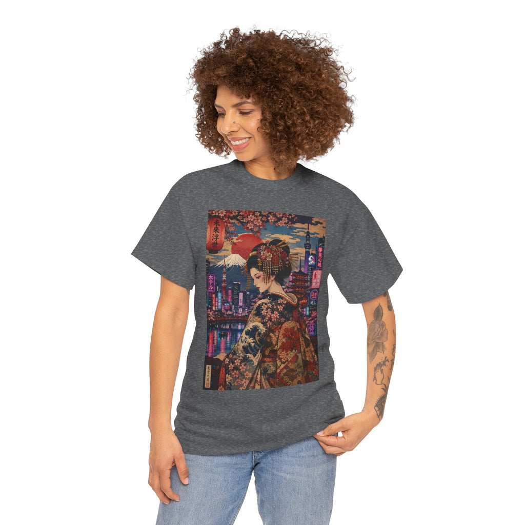 Geisha Cityscape Tee — Vintage Kimono Nighttime Japan Graphic T‑Shirt