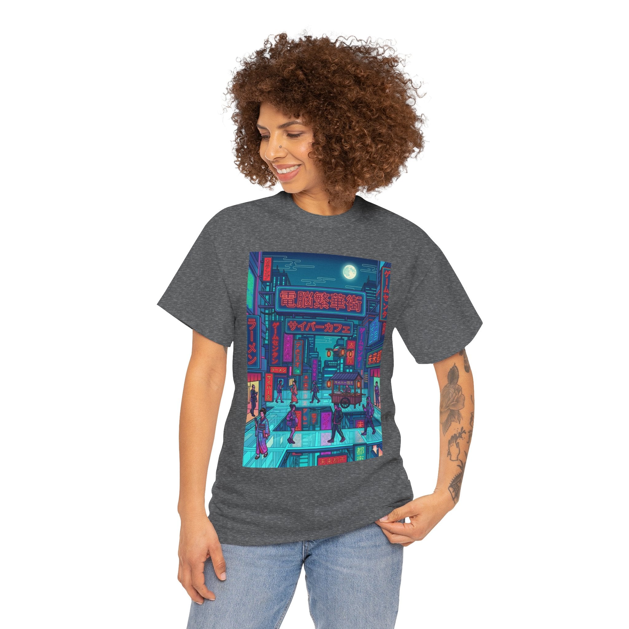 Cyberpunk Cityscape Tee — Neon Tokyo Street Scene Graphic T‑Shirt