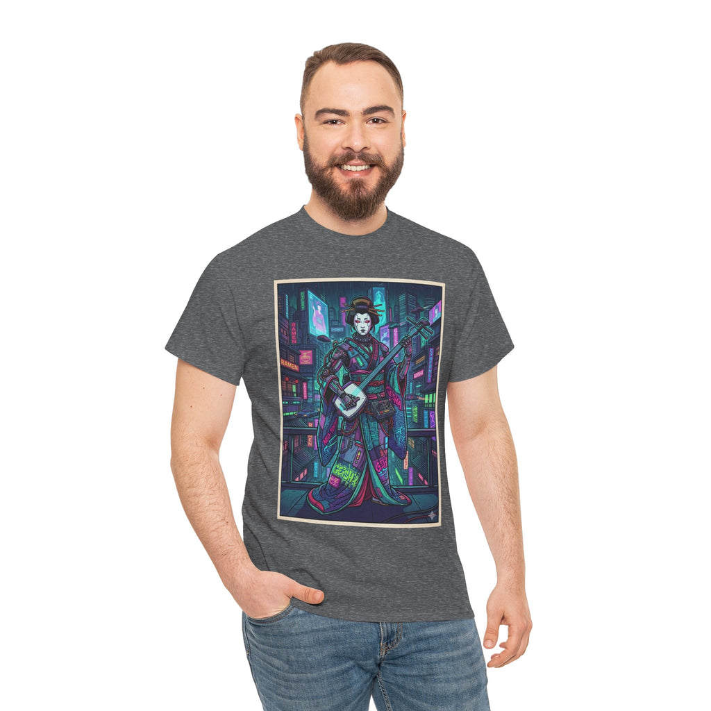 Geisha Synthwave T-Shirt — Neon City Shamisen Art Tee