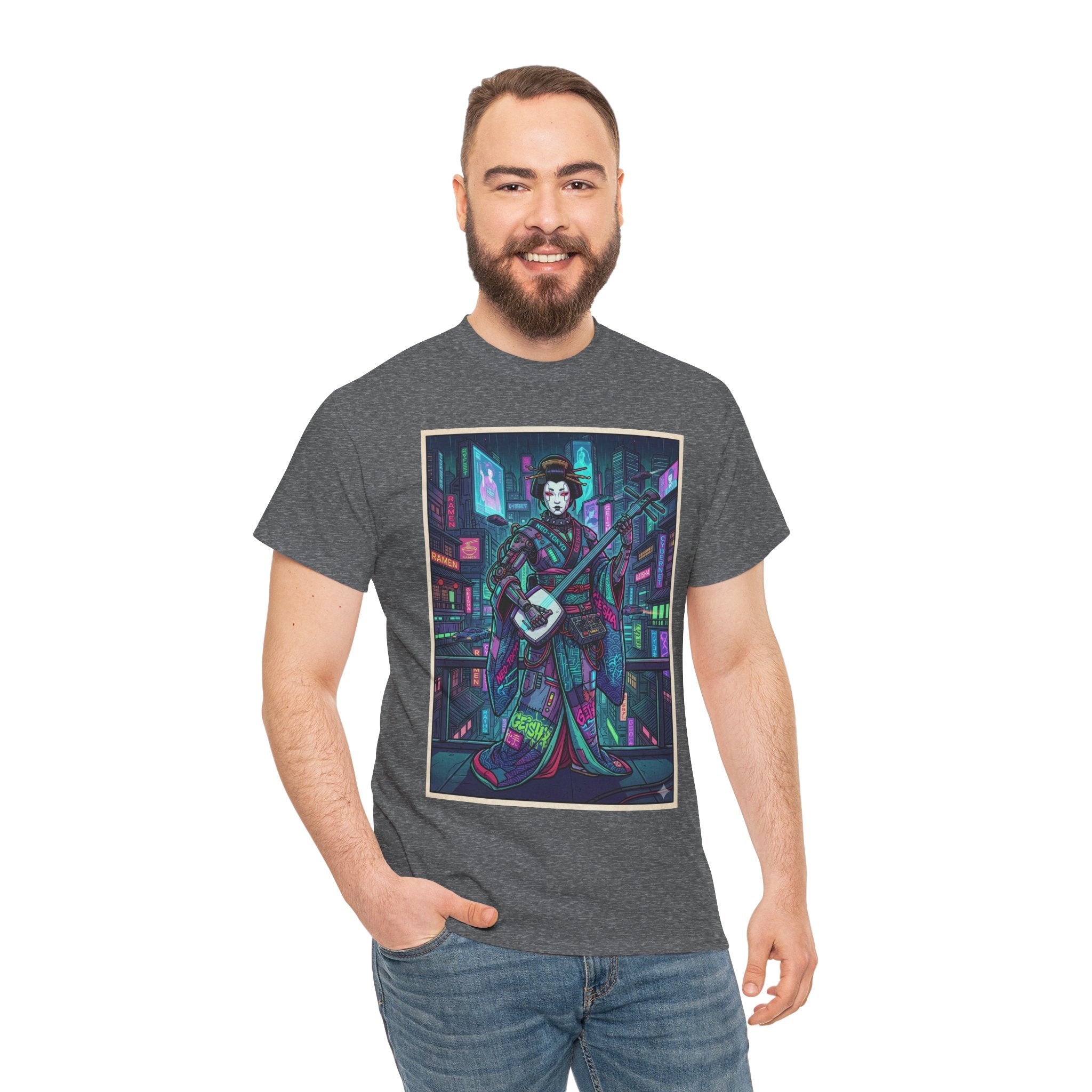 Geisha Synthwave T-Shirt — Neon City Shamisen Art Tee