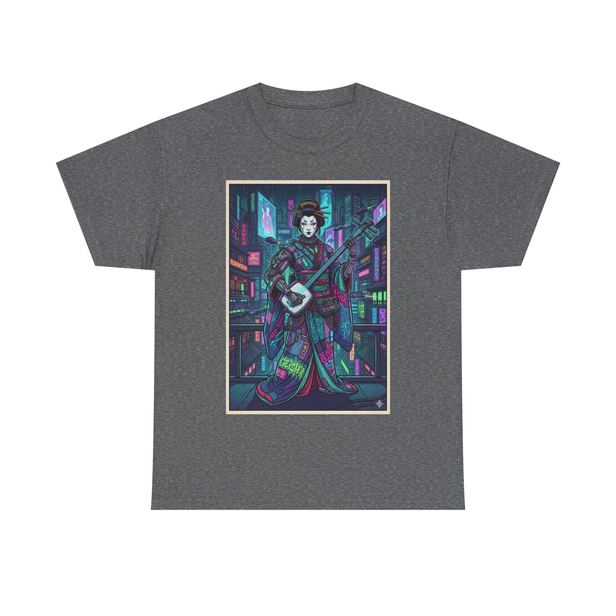Geisha Synthwave T-Shirt — Neon City Shamisen Art Tee