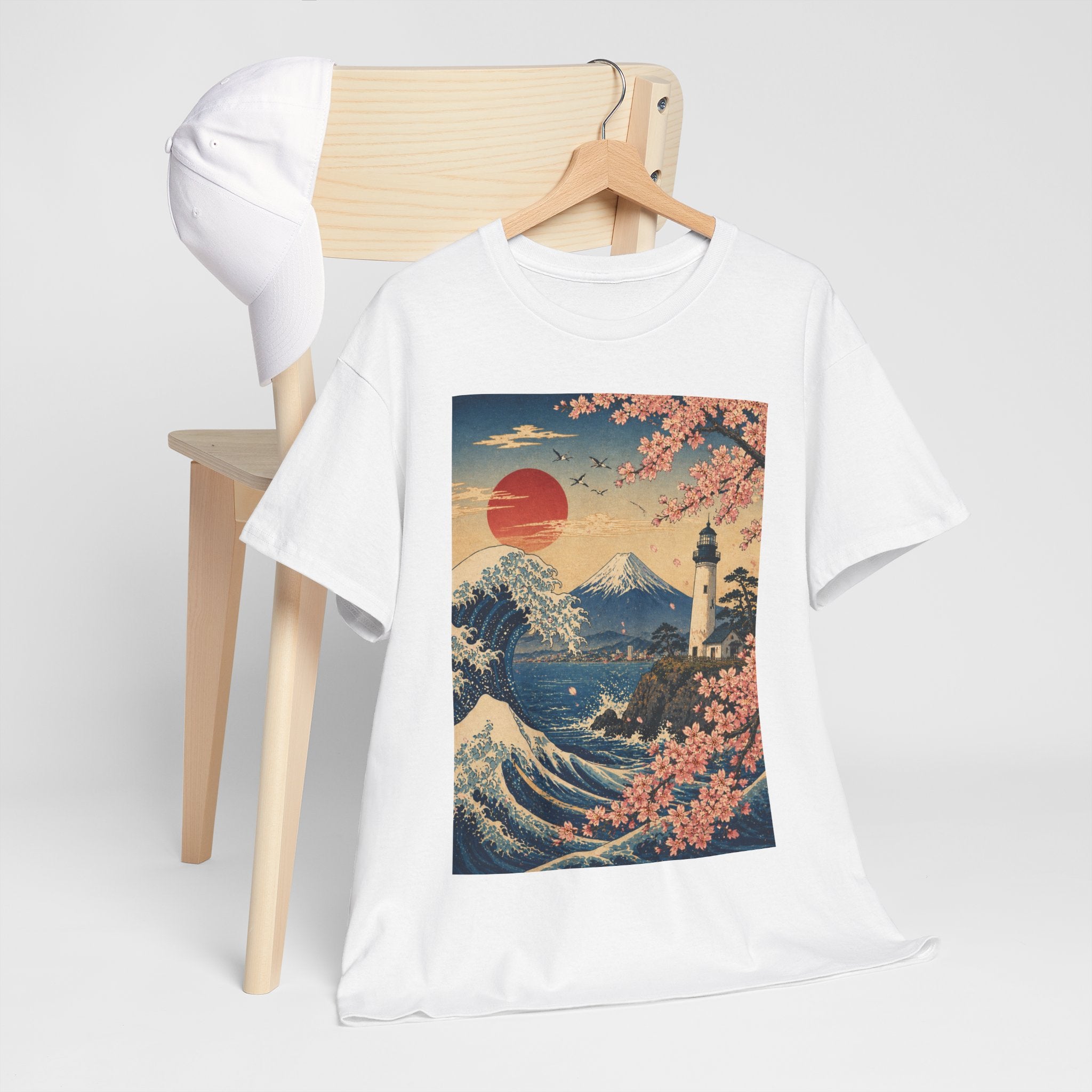 Japanese Wave & Cherry Blossom Art Tee — Mt. Fuji Sunset Graphic T-Shirt
