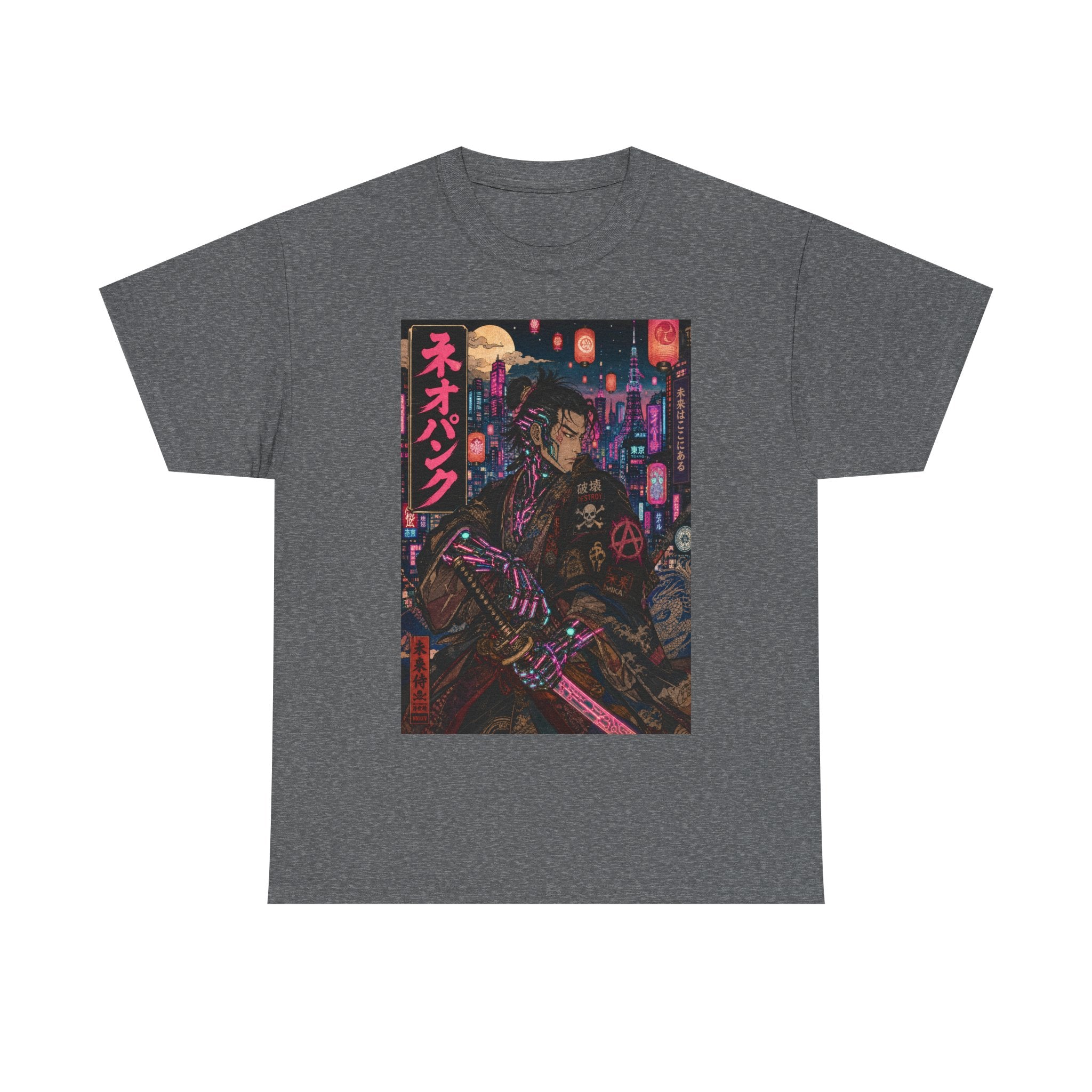 Cyberpunk Samurai T‑Shirt — Neon Night Streetwear with Japanese Text