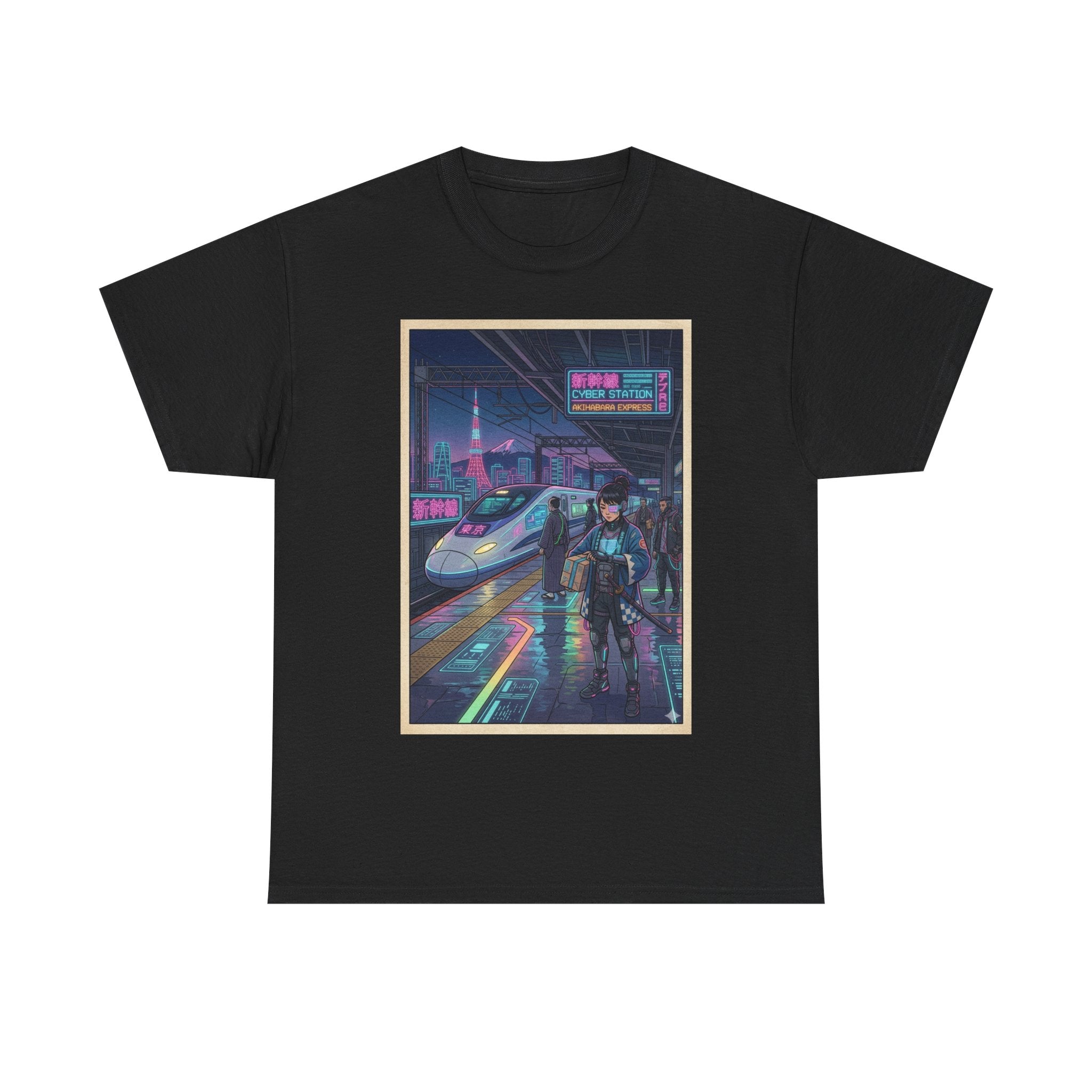 Cyberpunk Cityscape T-Shirt — Neon Train & Futuristic Rider Graphic Tee