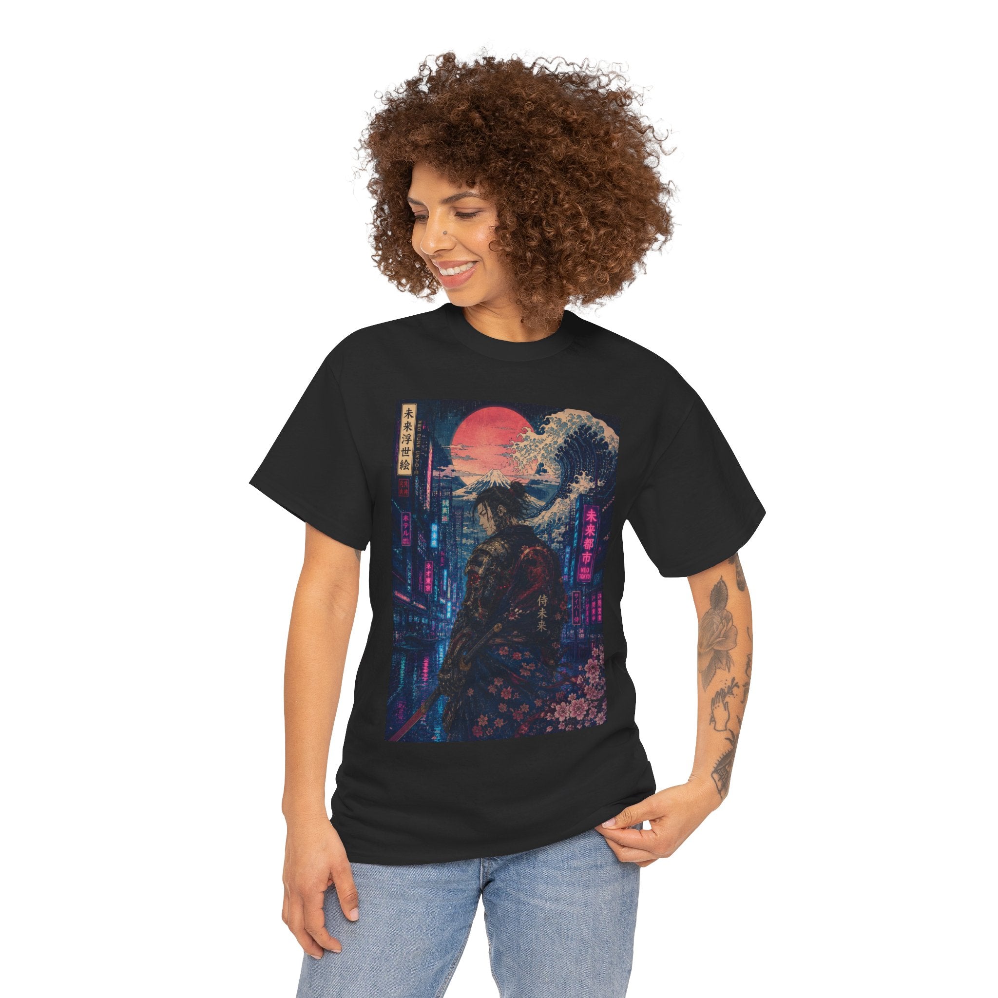 Samurai Neon City T‑Shirt — Cyberpunk Moonlit Japanese Street Graphic Tee