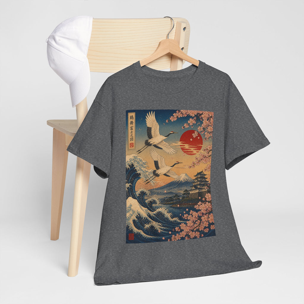 Japanese Crane Sunset T-Shirt — Vintage Wave & Cherry Blossom Graphic Tee