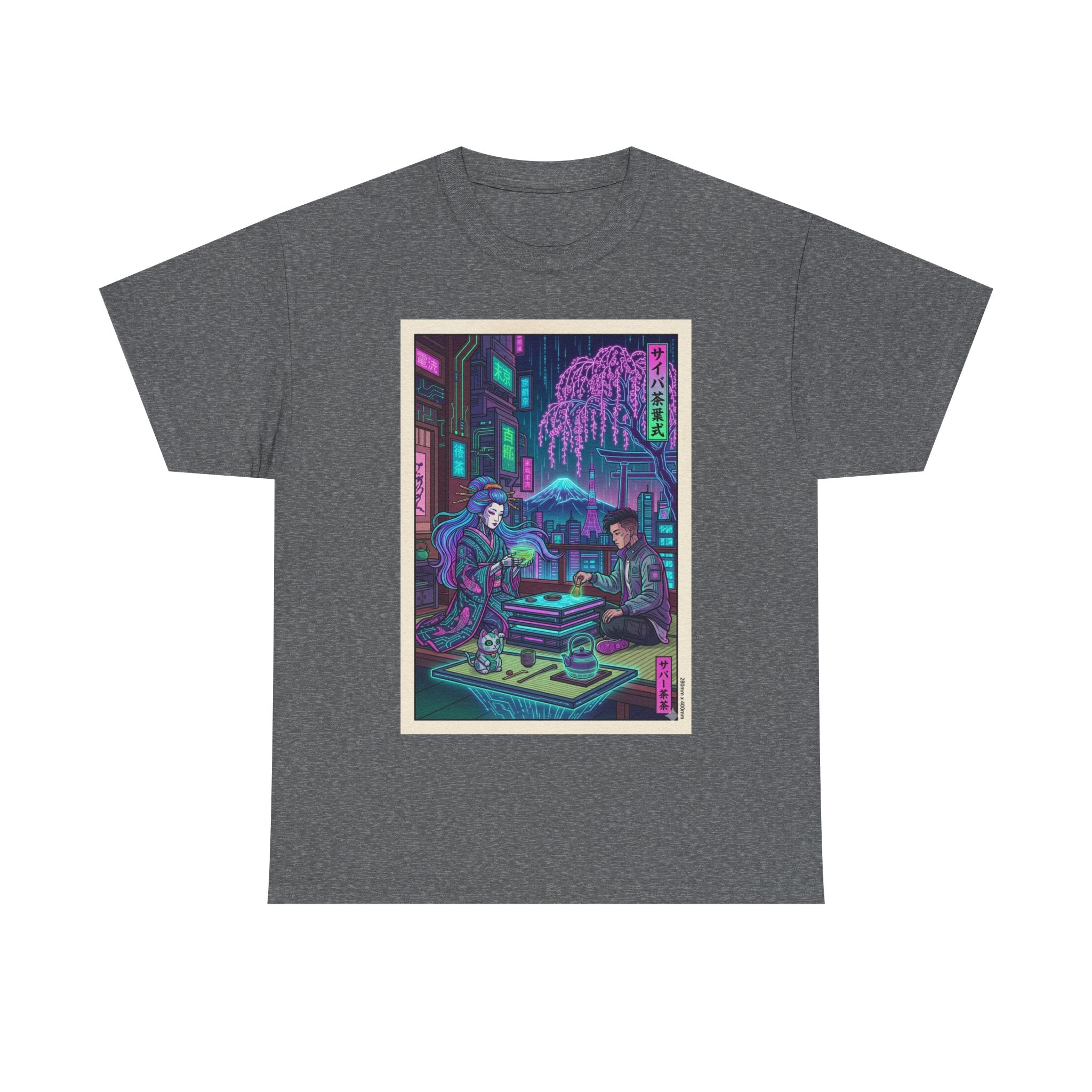 Cyberpunk Tea House Graphic Tee — Neon Retro Japanese-Style Street Scene