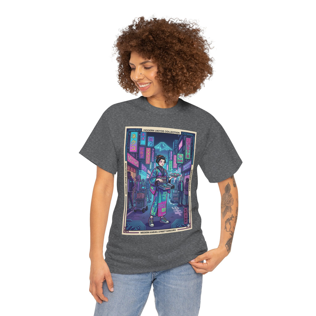 Cyber Geisha Streetwear T‑Shirt — Neon Tokyo Nightscape Graphic Tee
