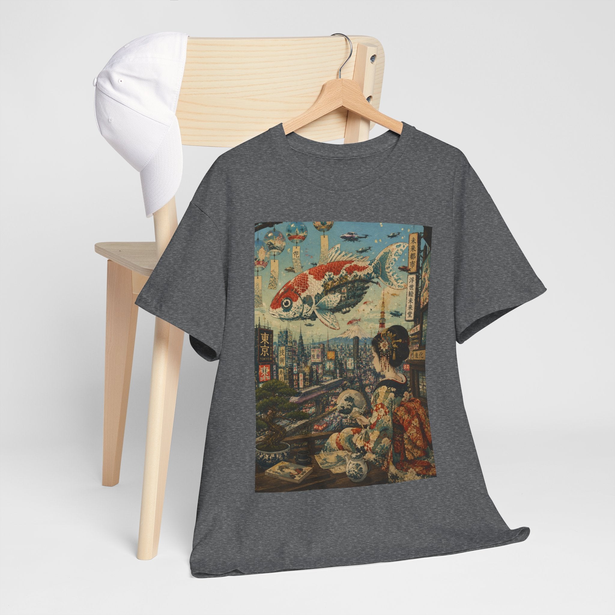 Koi Cityscape T-Shirt — Retro Japanese Ukiyo-e Urban Fantasy Tee - Japanese Streetwear T-Shirt | Tokyo Style X