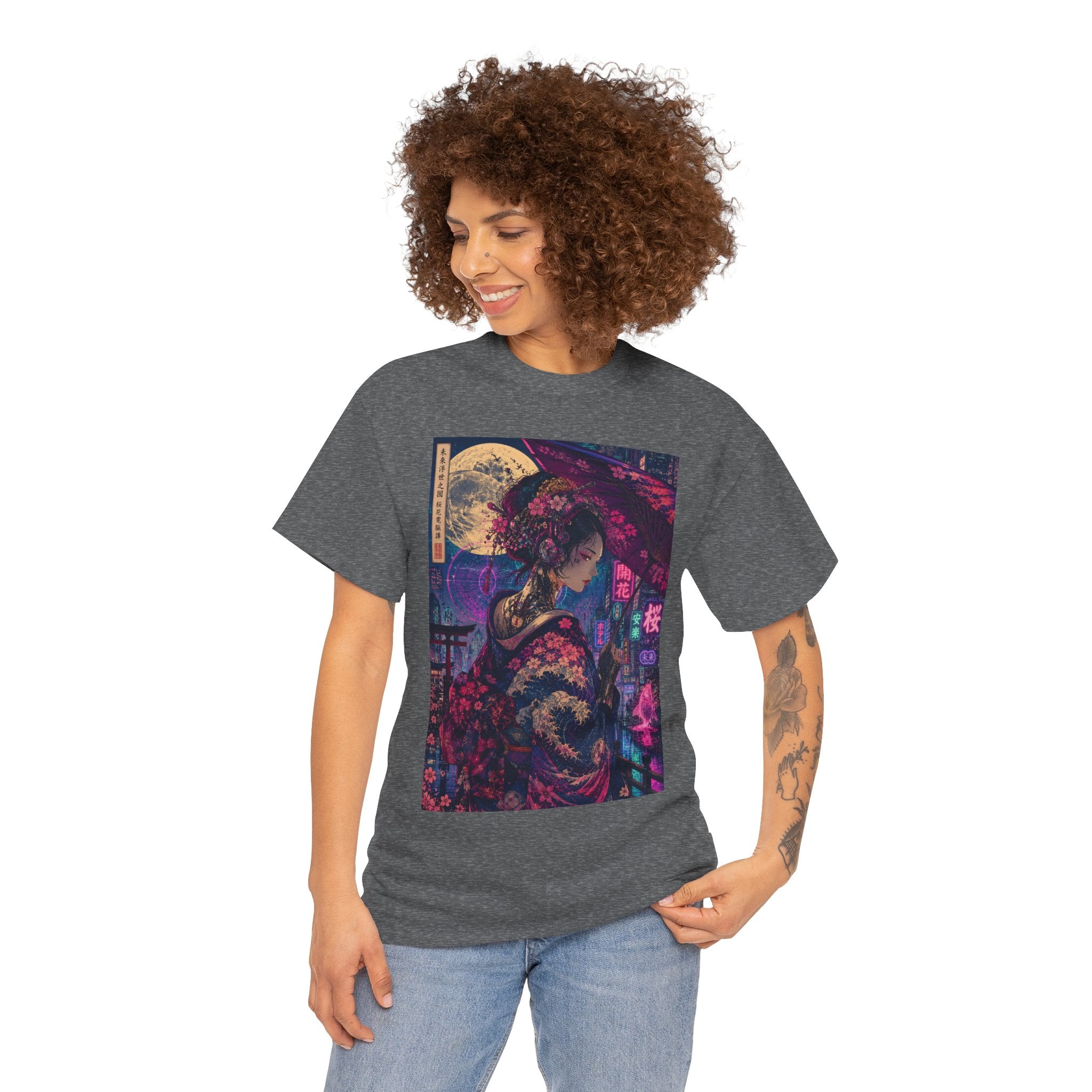 Geisha Neon Nights T-Shirt — Moonlit Sakura Cyberpunk Art Tee - Japanese Streetwear T-Shirt | Tokyo Style X
