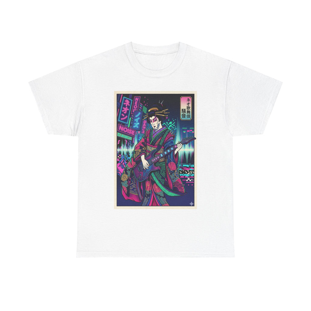 Geisha Guitar Tee — Neon Cyberpunk Japanese Rock T-Shirt