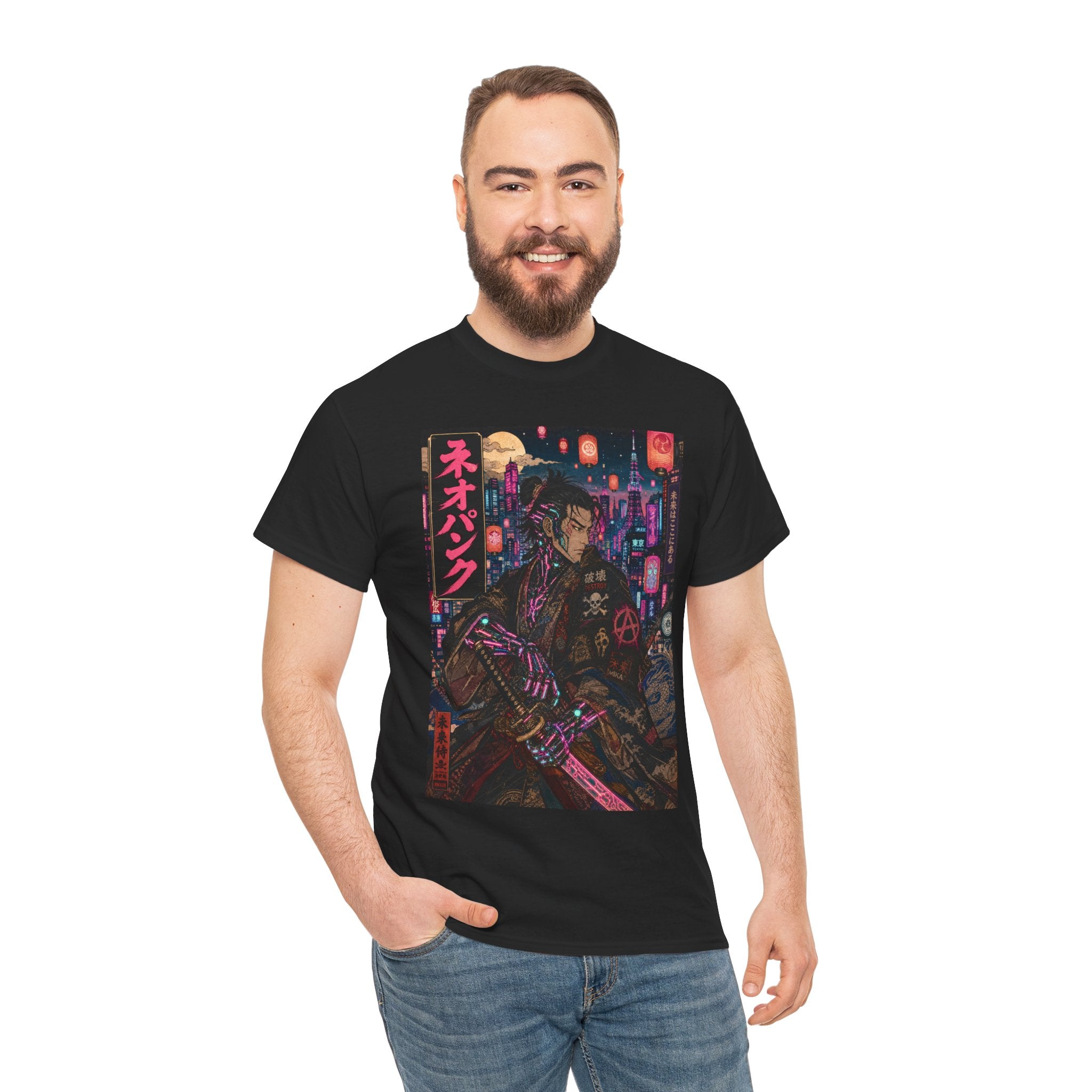 Cyberpunk Samurai T‑Shirt — Neon Night Streetwear with Japanese Text