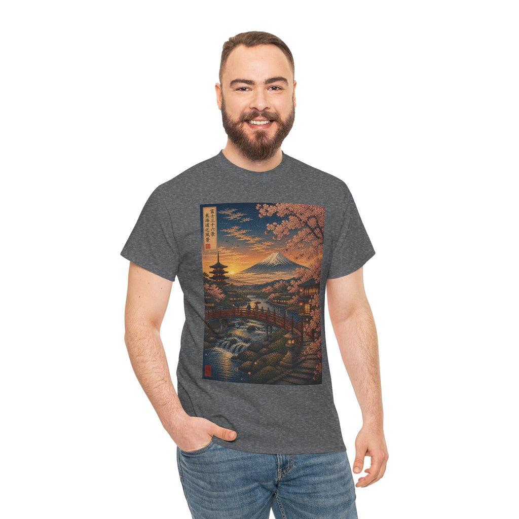 Japanese Cherry Blossom Landscape Tee — Mount Fuji Sunset Graphic T-Shirt