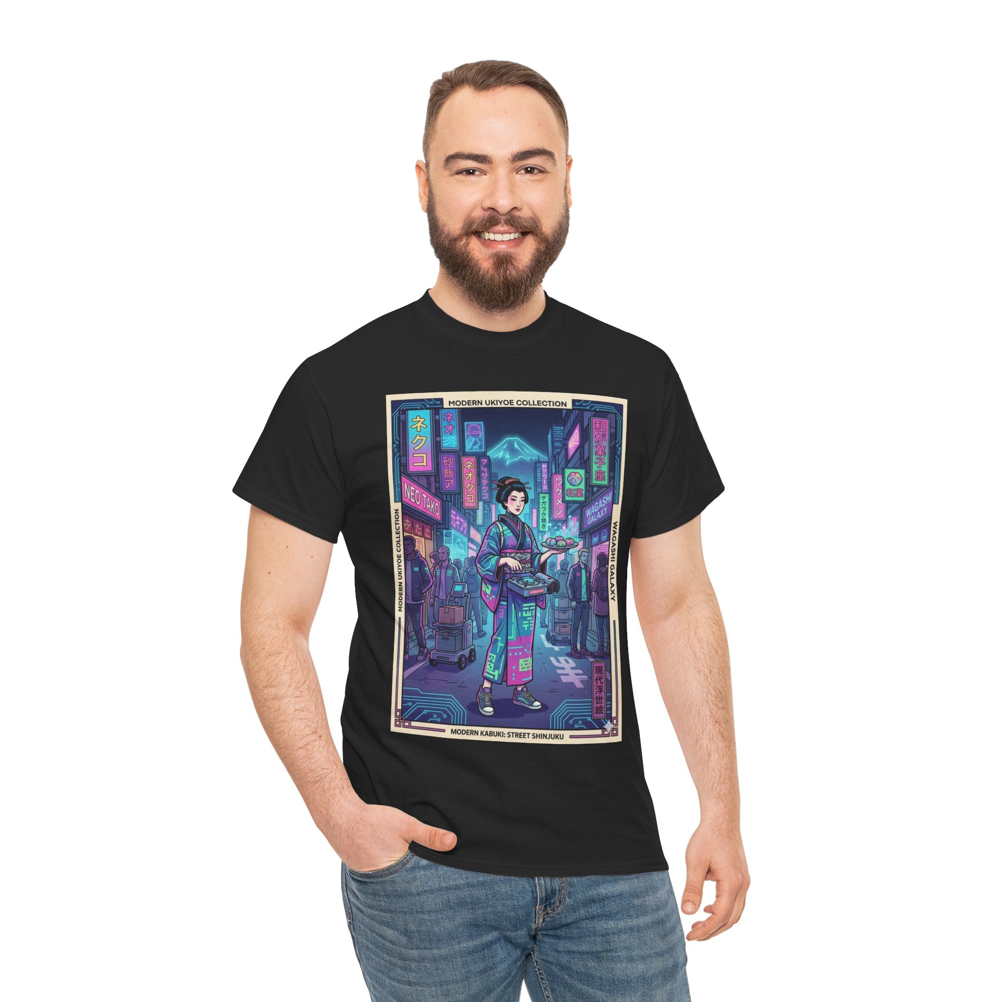 Cyber Geisha Streetwear T‑Shirt — Neon Tokyo Nightscape Graphic Tee