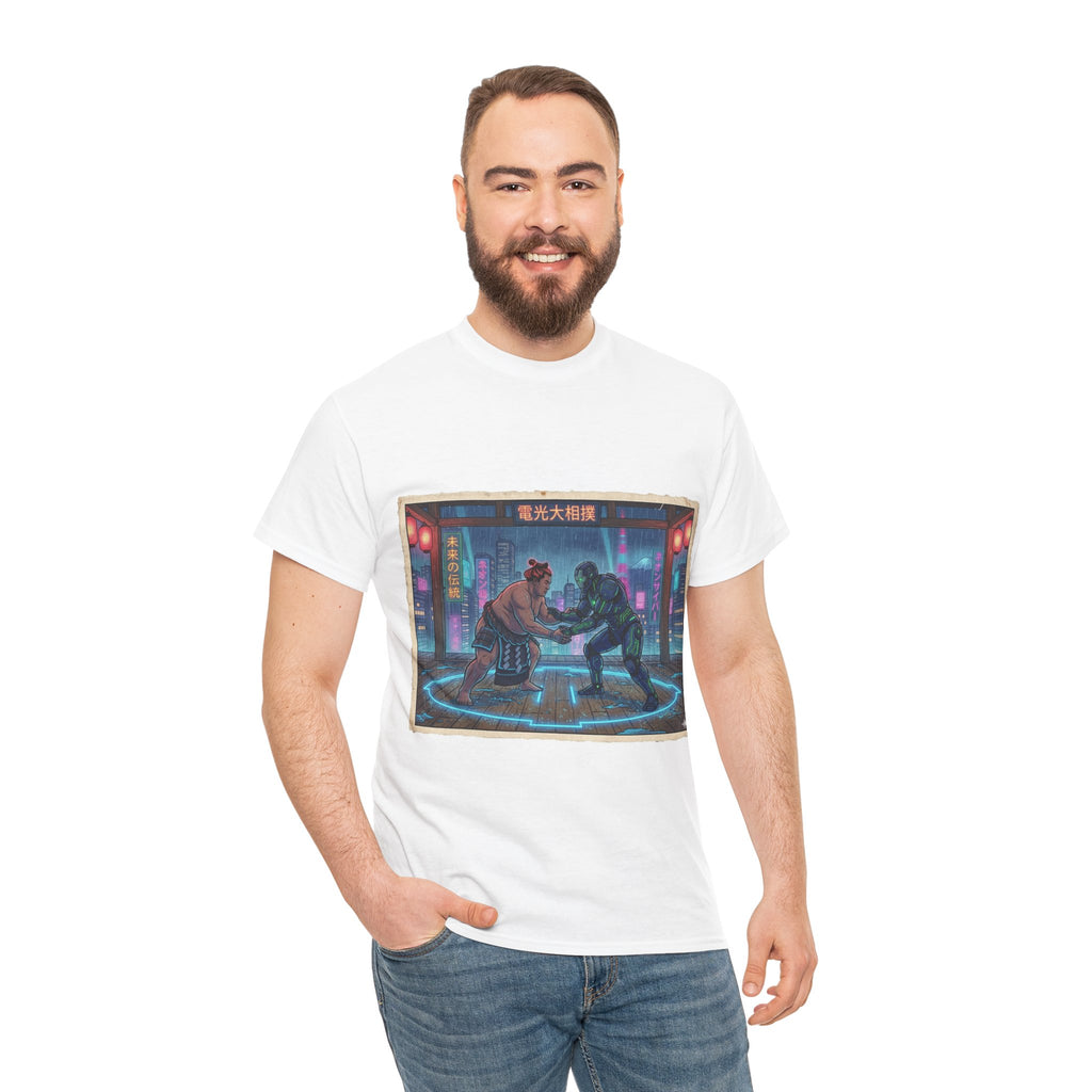 Cyberpunk Street Duel T-Shirt — Neon Samurai vs Robot Retro Arcade Tee