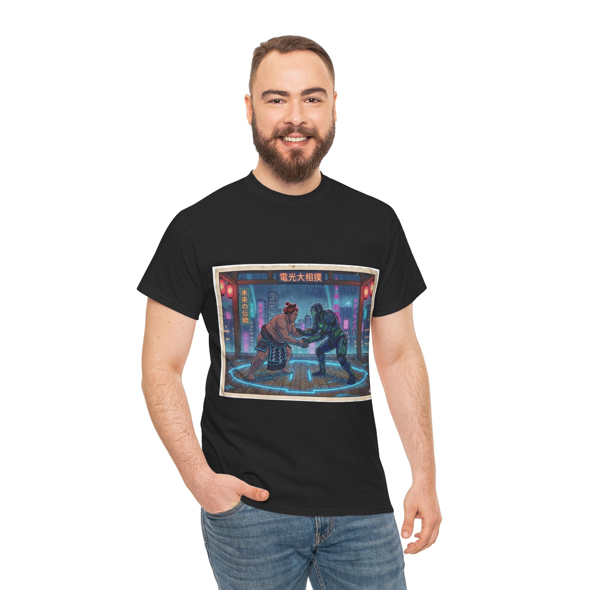 Cyberpunk Street Duel T-Shirt — Neon Samurai vs Robot Retro Arcade Tee