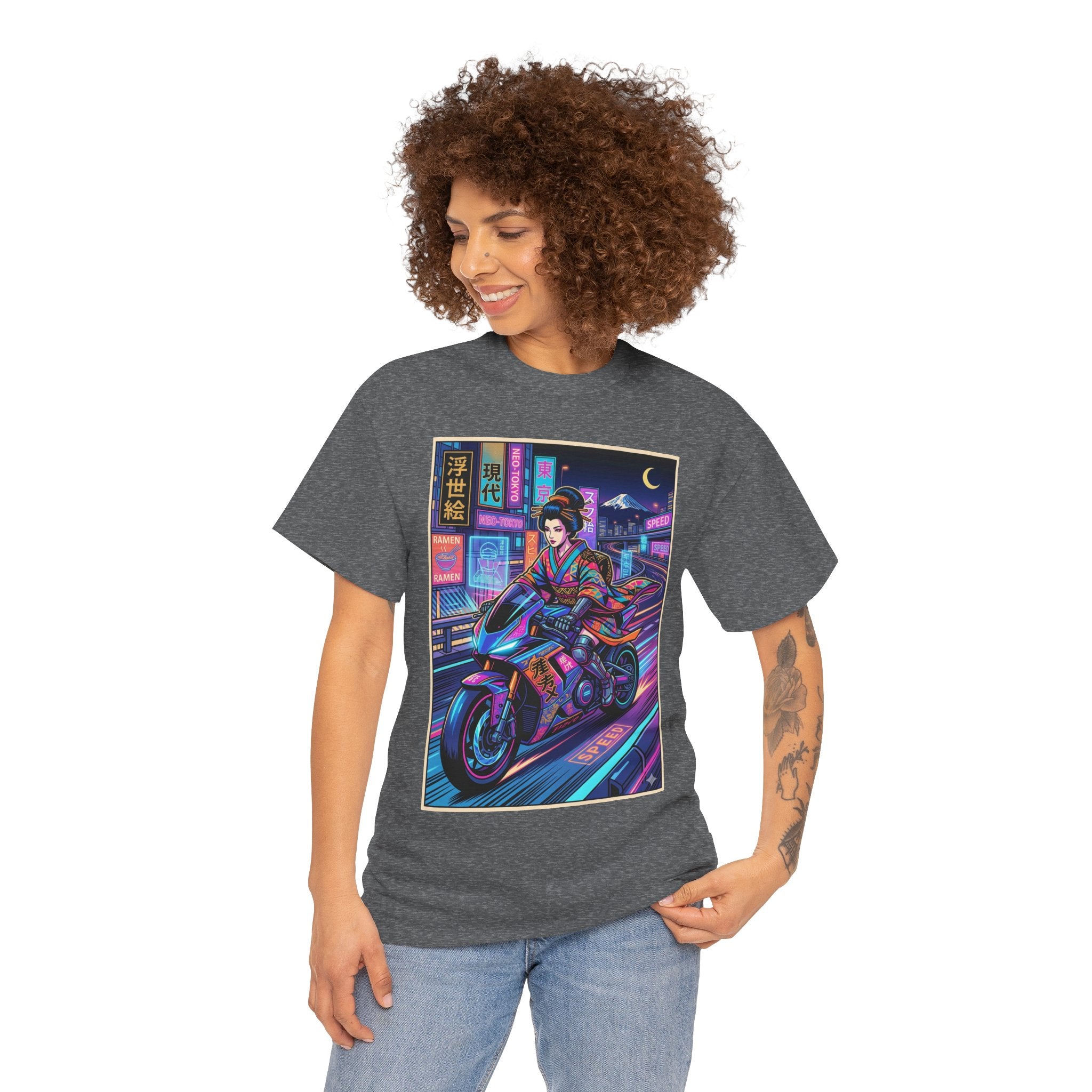 Neon Samurai Motorcycle Tee — Cyberpunk Night Rider Graphic T-Shirt