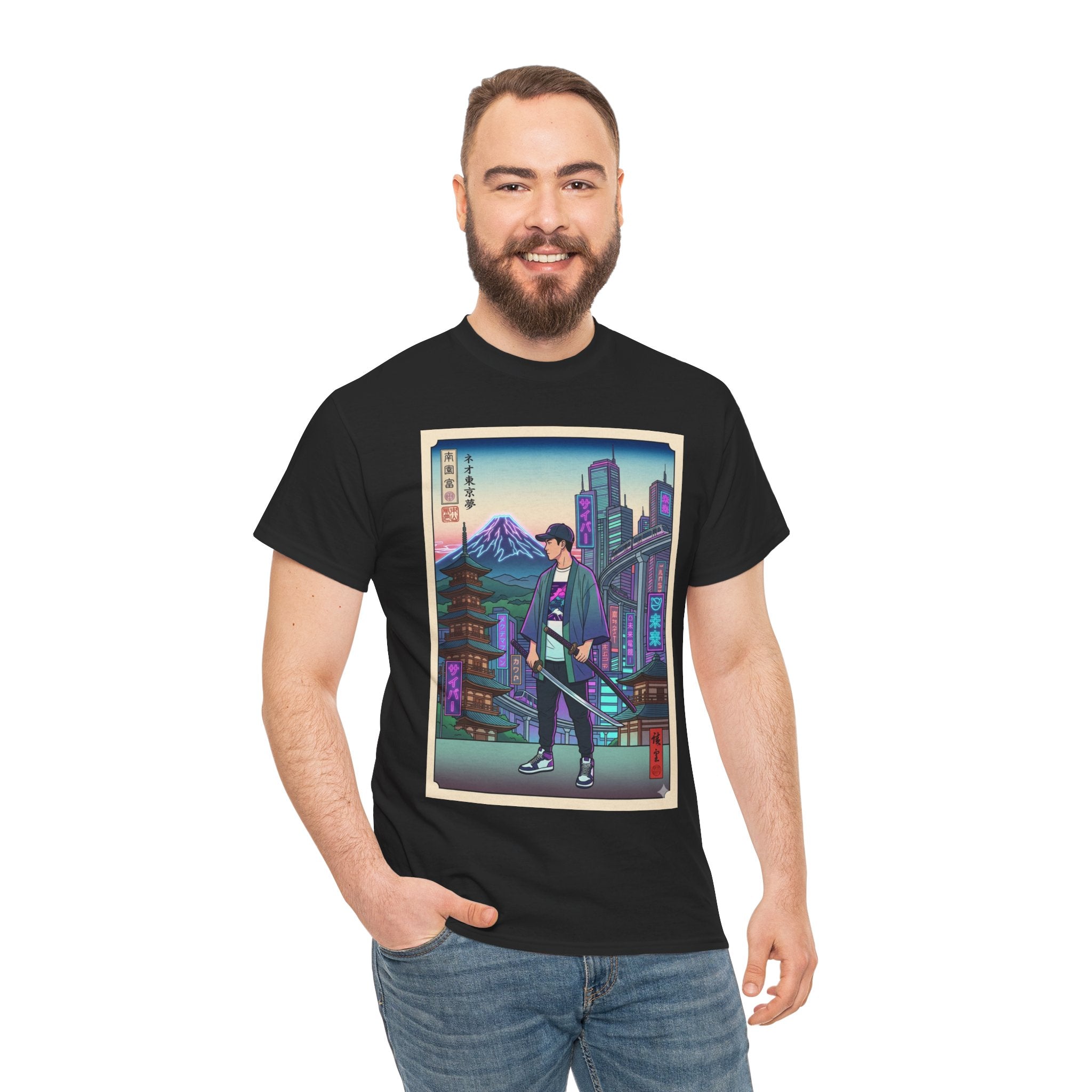 Samurai Neon City T-Shirt — Retro Japanese Streetwear Tee