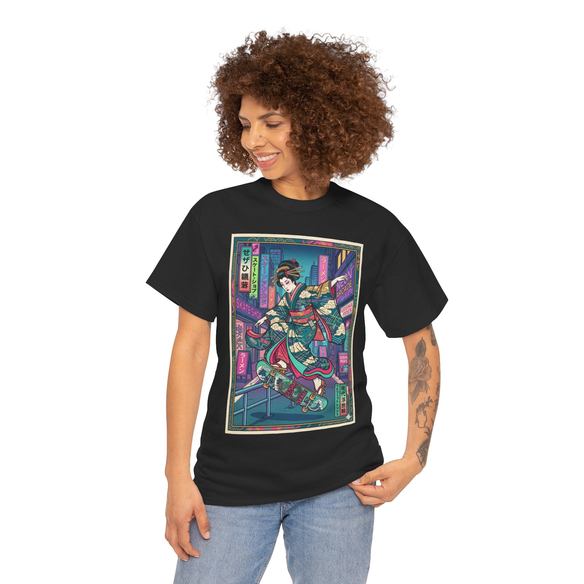 Geisha Skateboard Tee — Neon Cyberpunk Japanese Streetwear T-Shirt