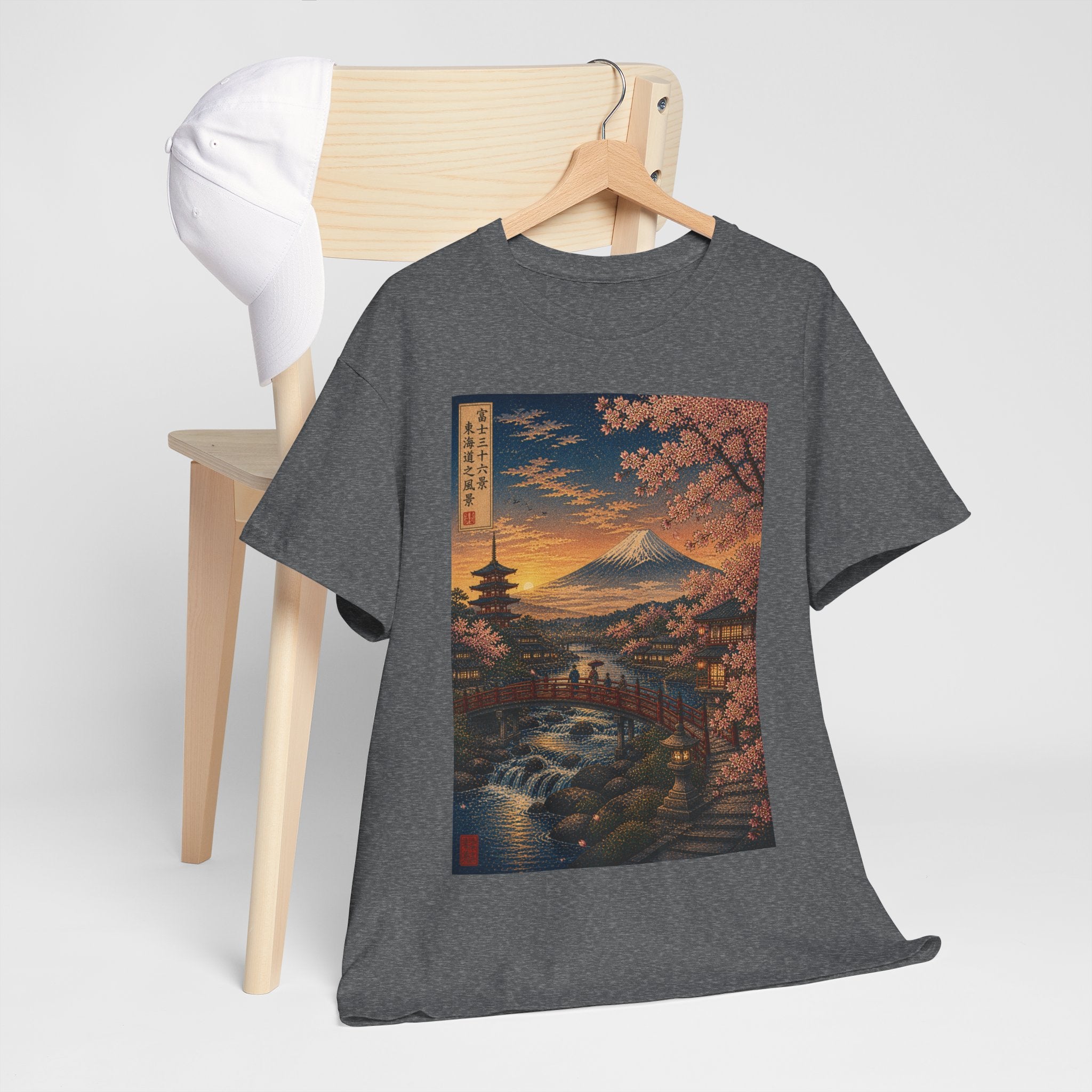Japanese Cherry Blossom Landscape Tee — Mount Fuji Sunset Graphic T-Shirt