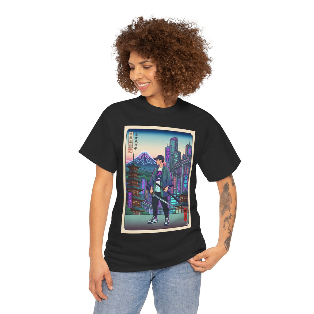 Samurai Neon City T-Shirt — Retro Japanese Streetwear Tee