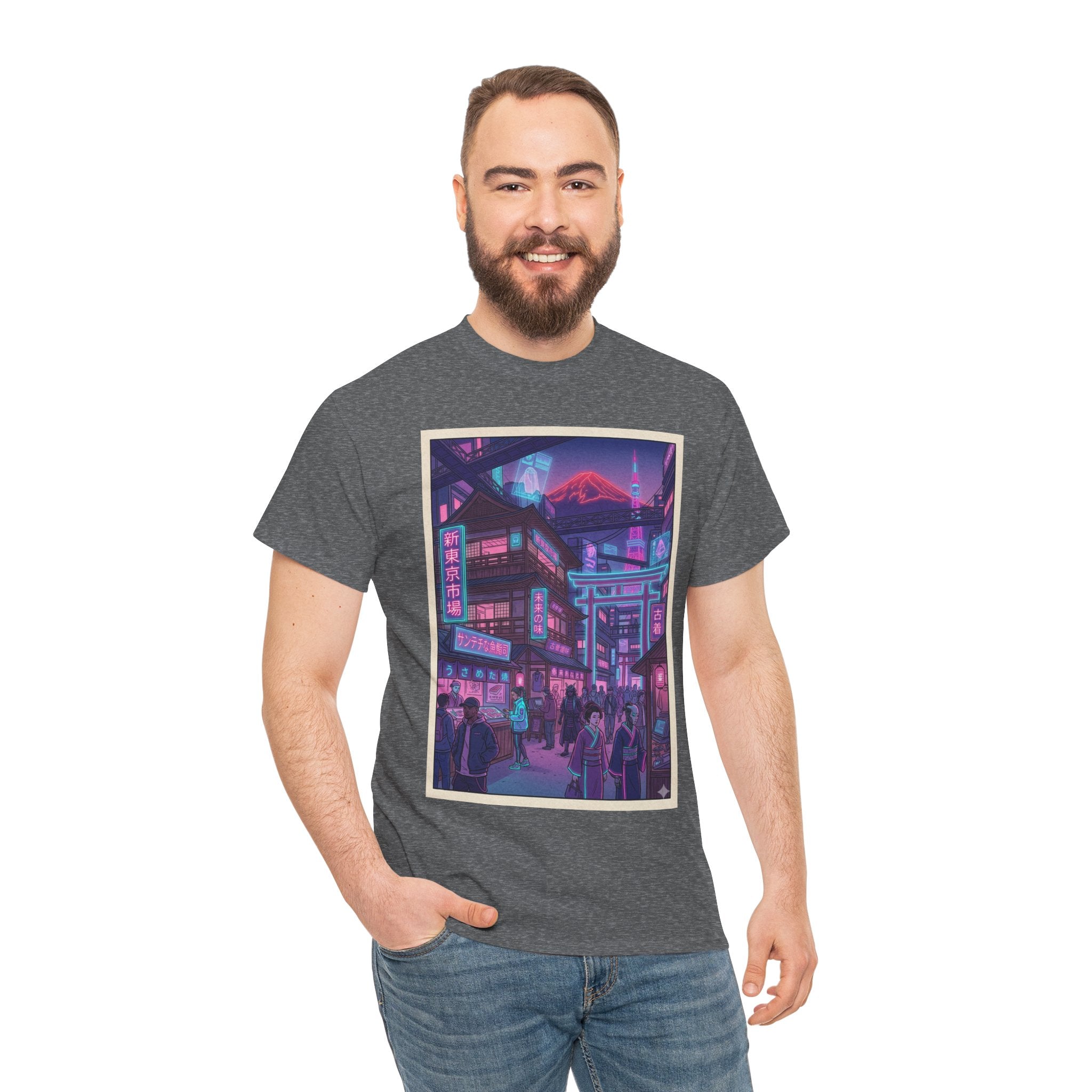 Retro Neon Cityscape Tee — Cyberpunk Night Street Graphic Shirt