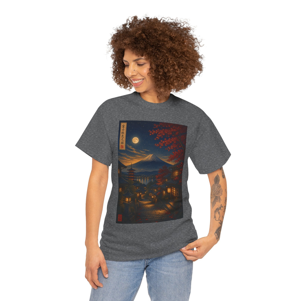 Japanese Nightscape T‑Shirt — Moonlit Mt. Fuji Village Art Tee