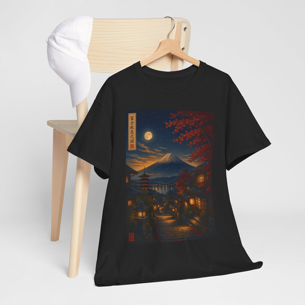 Japanese Nightscape T‑Shirt — Moonlit Mt. Fuji Village Art Tee