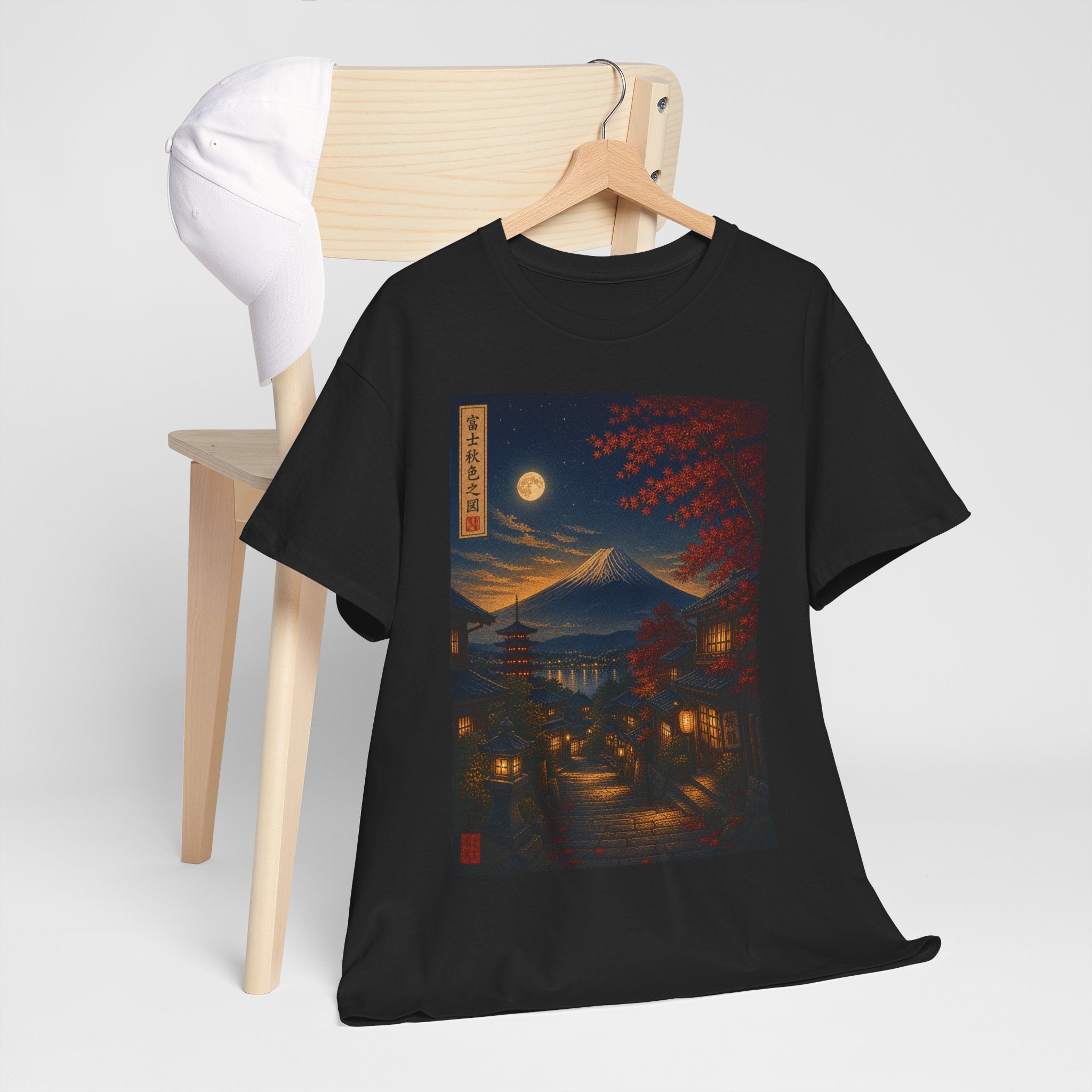 Japanese Nightscape T‑Shirt — Moonlit Mt. Fuji Village Art Tee